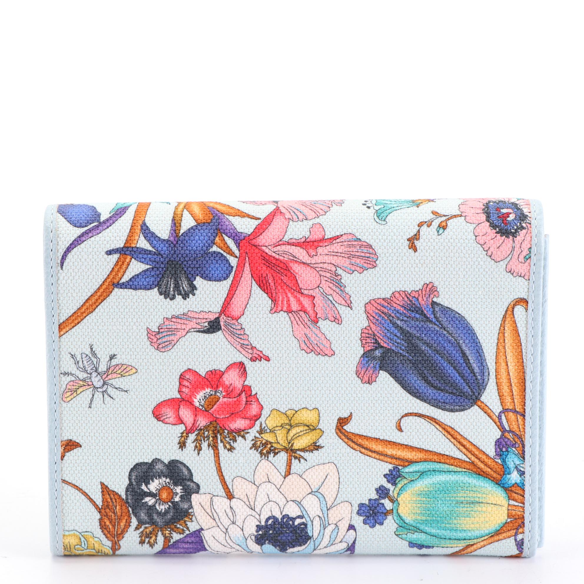 Gucci GG Marmont Travel Clutch in Blue Flora Canvas and Leather with Box