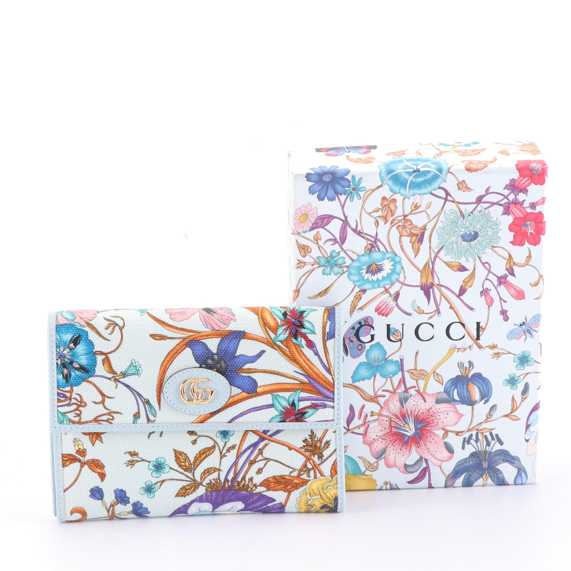 Gucci GG Marmont Travel Clutch in Blue Flora Canvas and Leather with Box