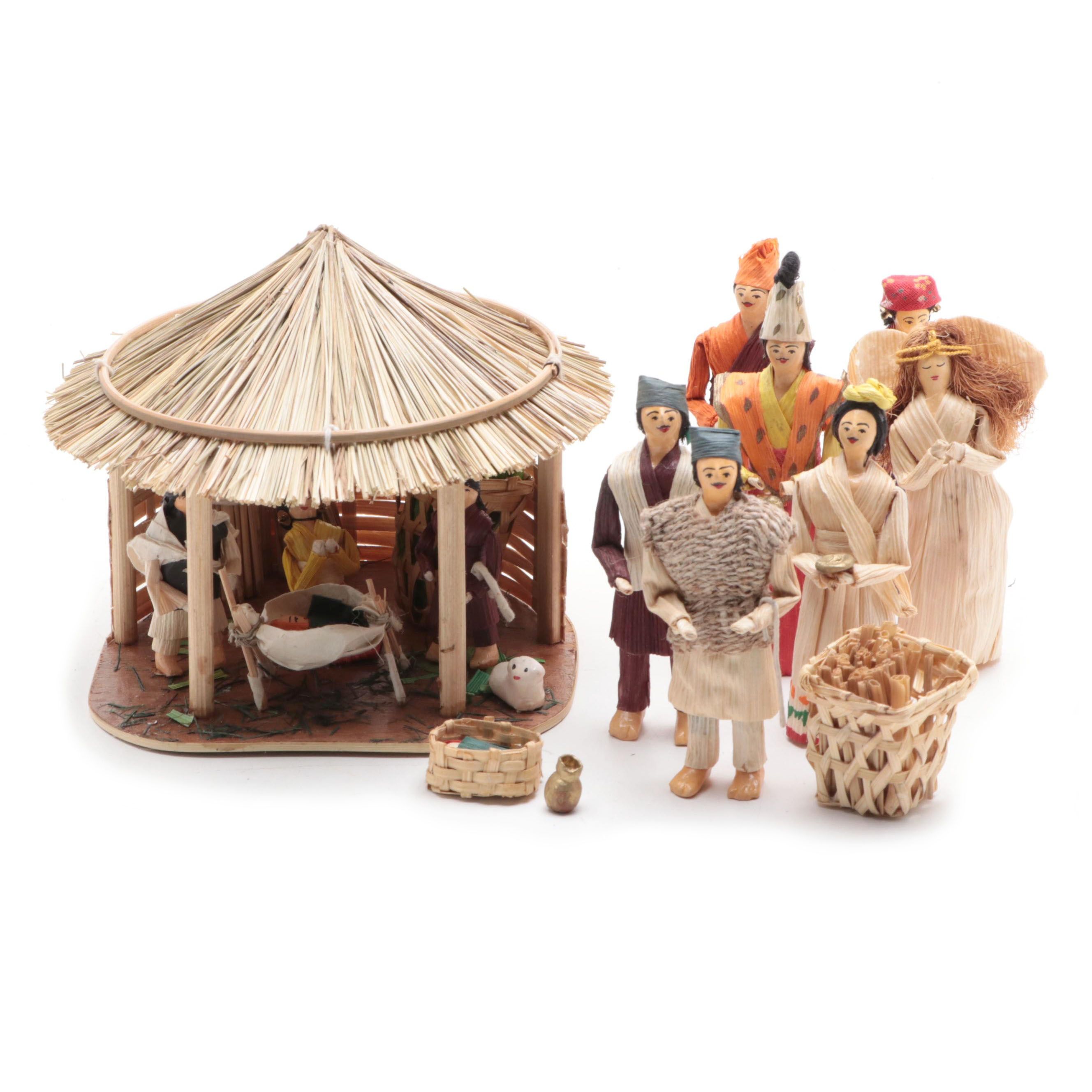 Nepali Gurung Nativity Scene with Other Corn Husk Nativity Figurines
