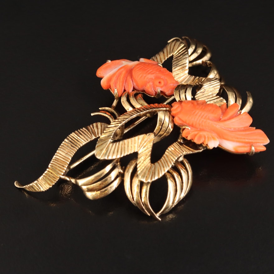 Vintage 14K Carved Coral Goldfish Brooch