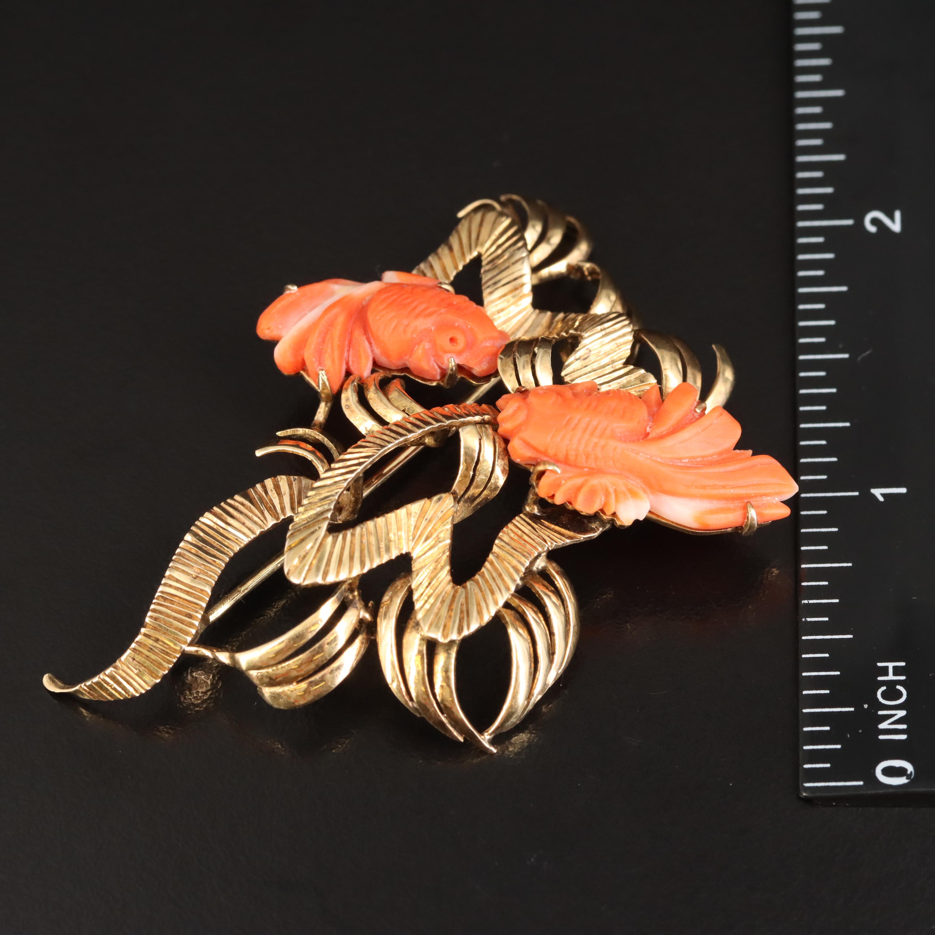 Vintage 14K Carved Coral Goldfish Brooch