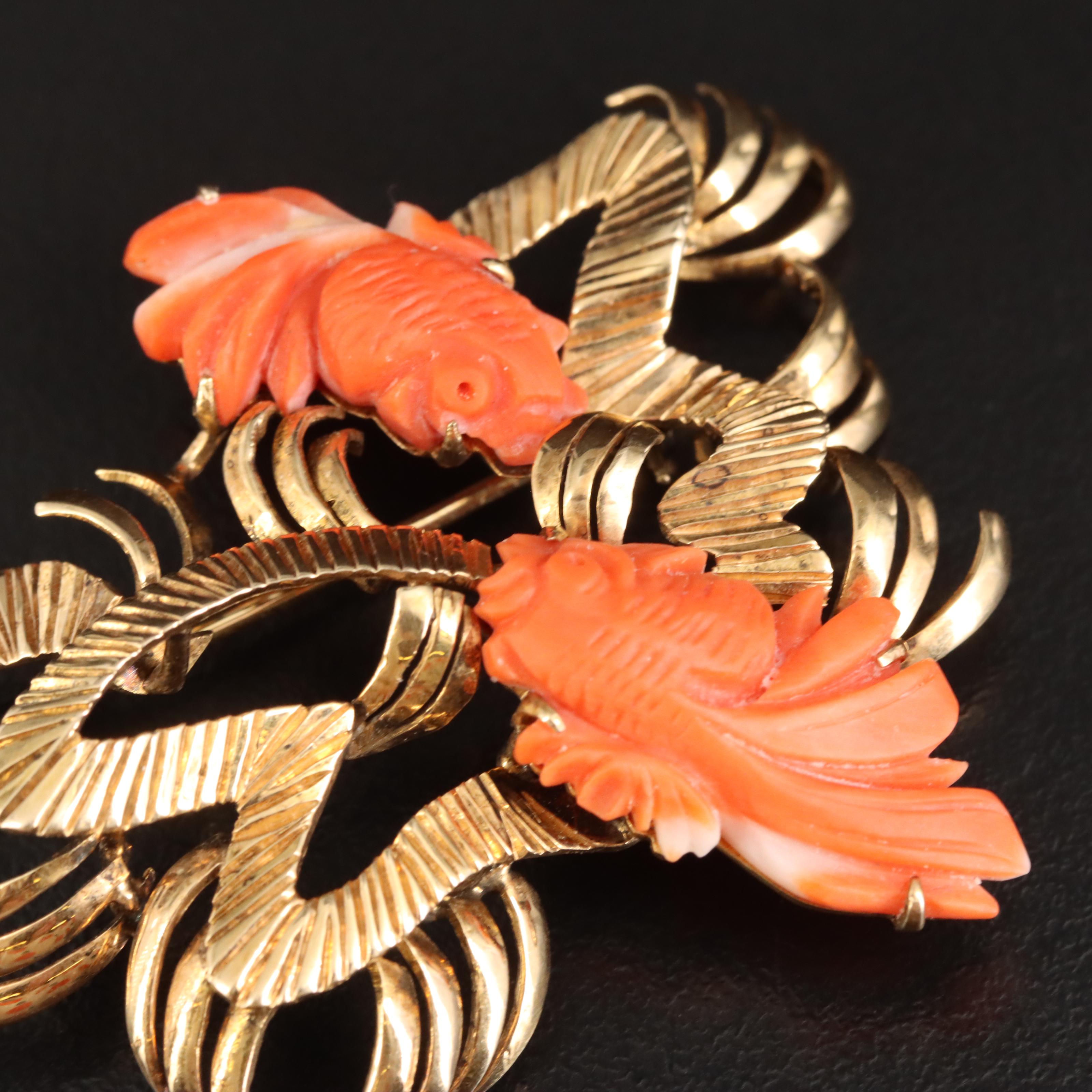 Vintage 14K Carved Coral Goldfish Brooch