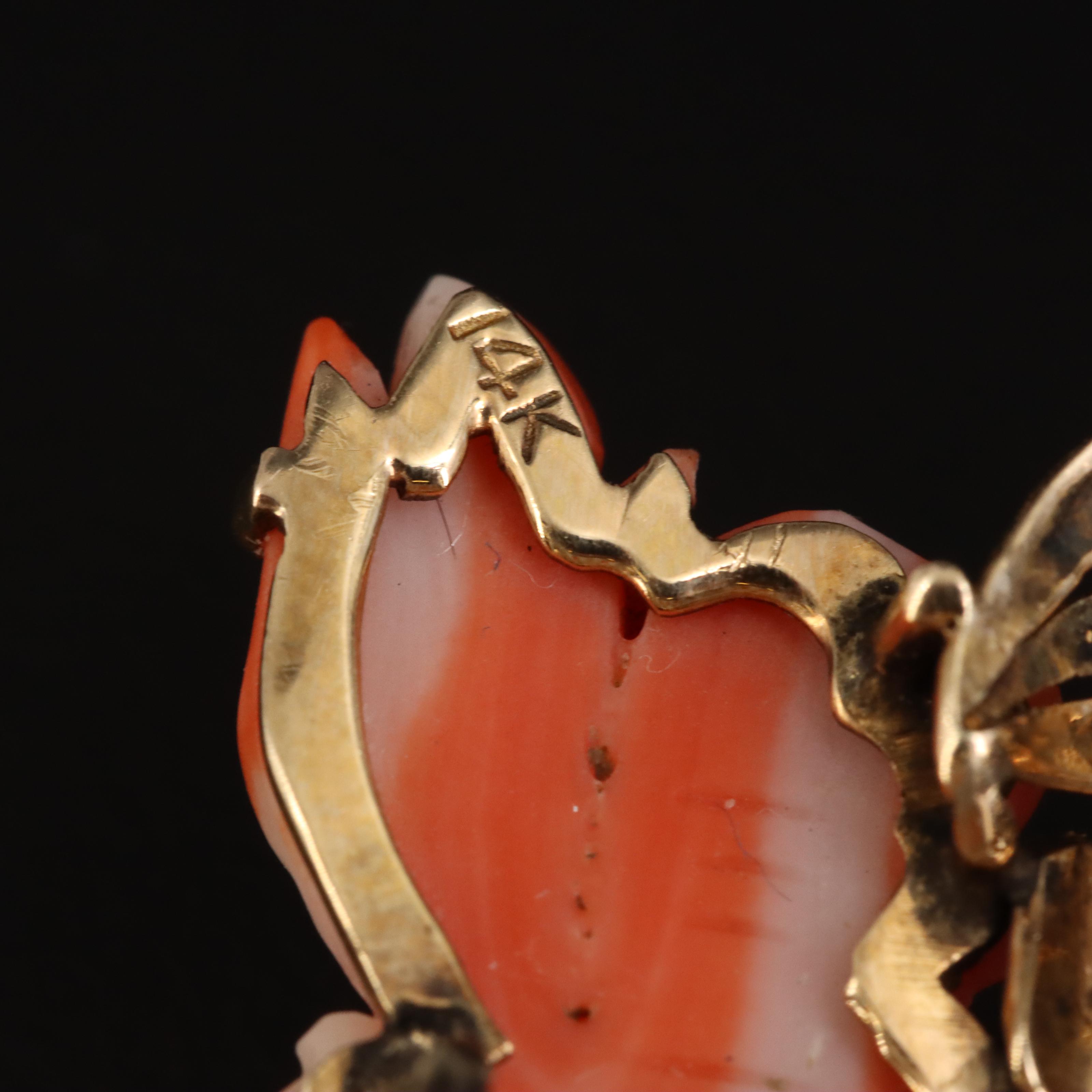 Vintage 14K Carved Coral Goldfish Brooch