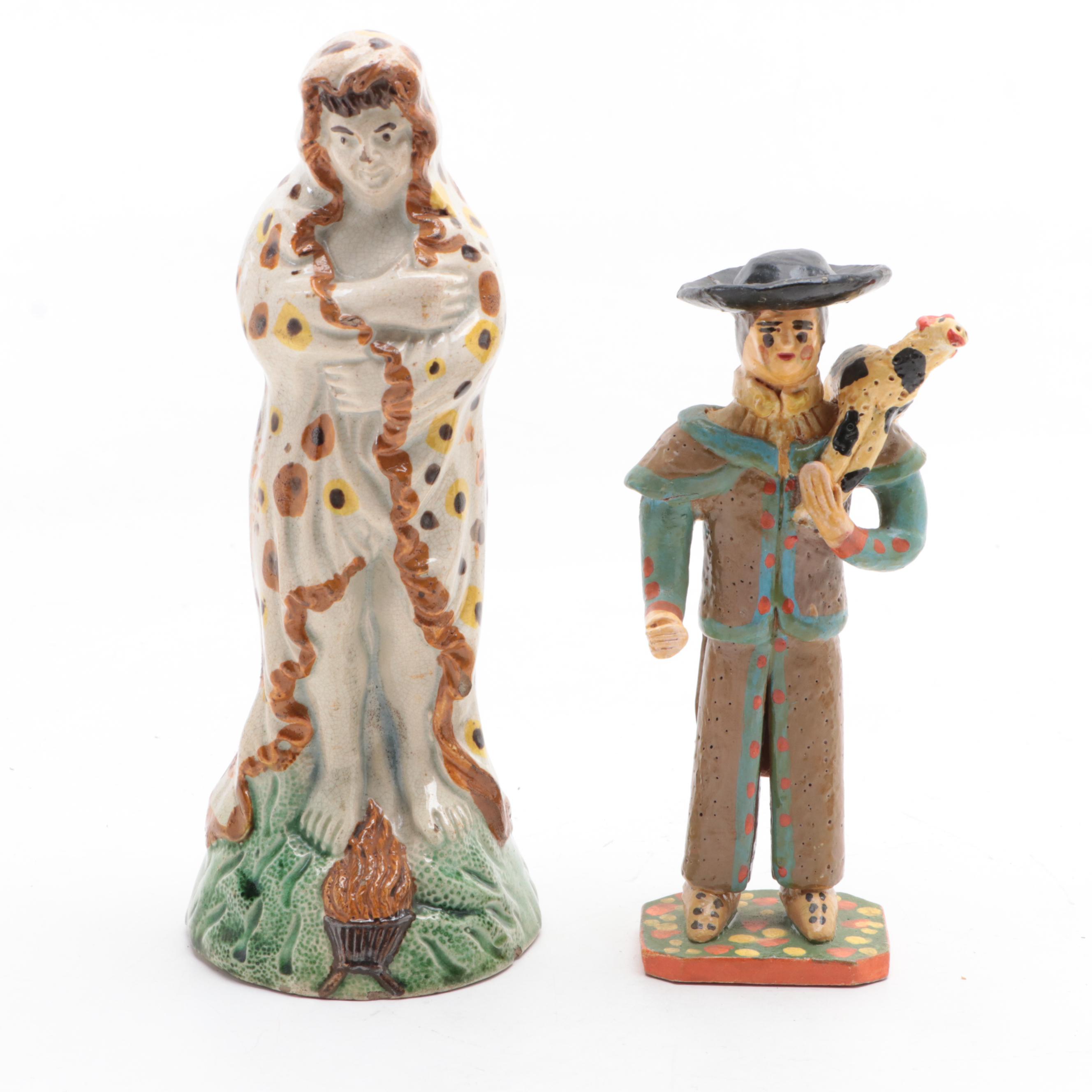 English Prattware Allegorical Winter Figurine with Other Figurine and Décor