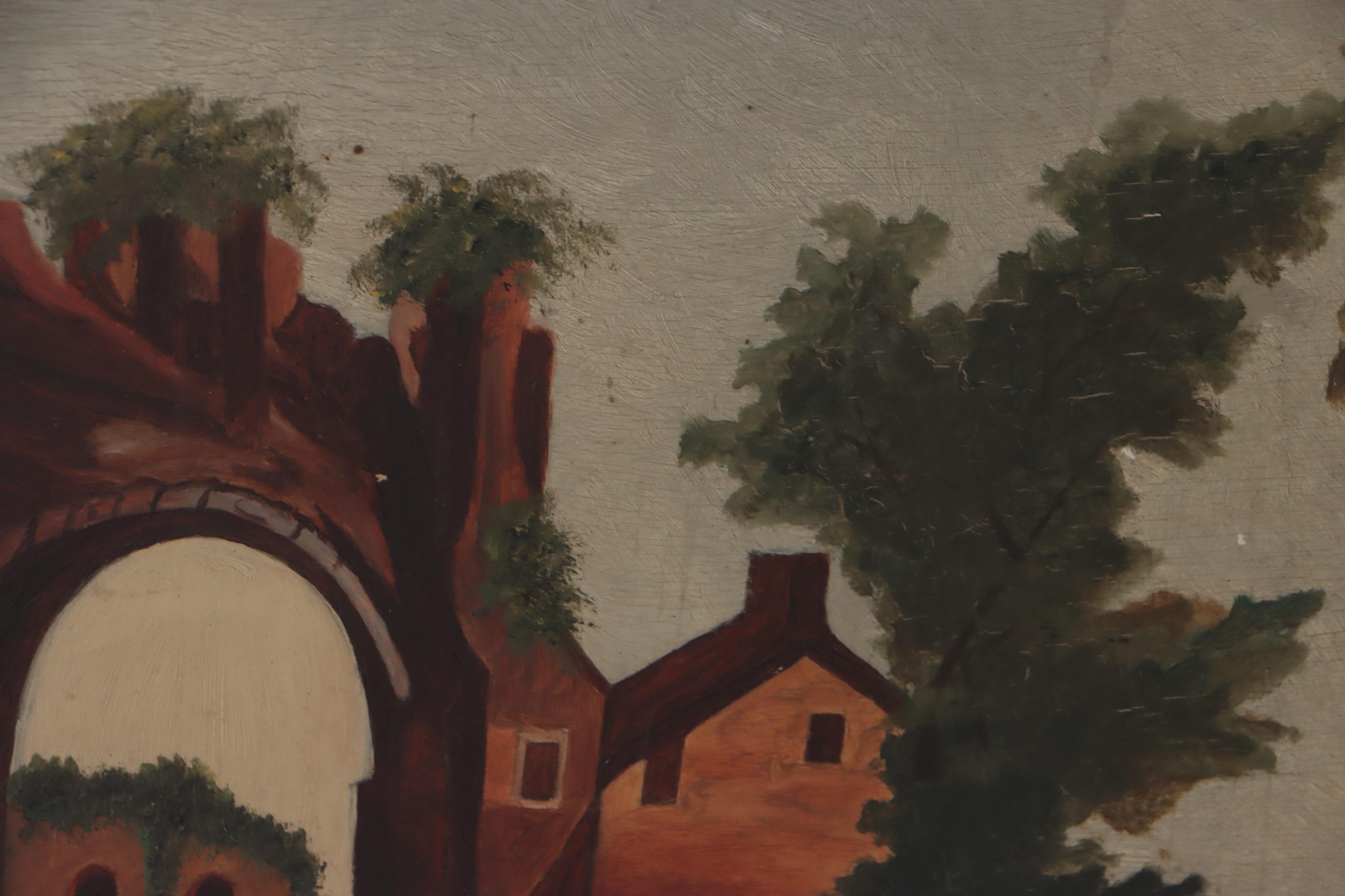 Naïve Oil Painting of Landscape With Figures and Ruins, Circa 1900
