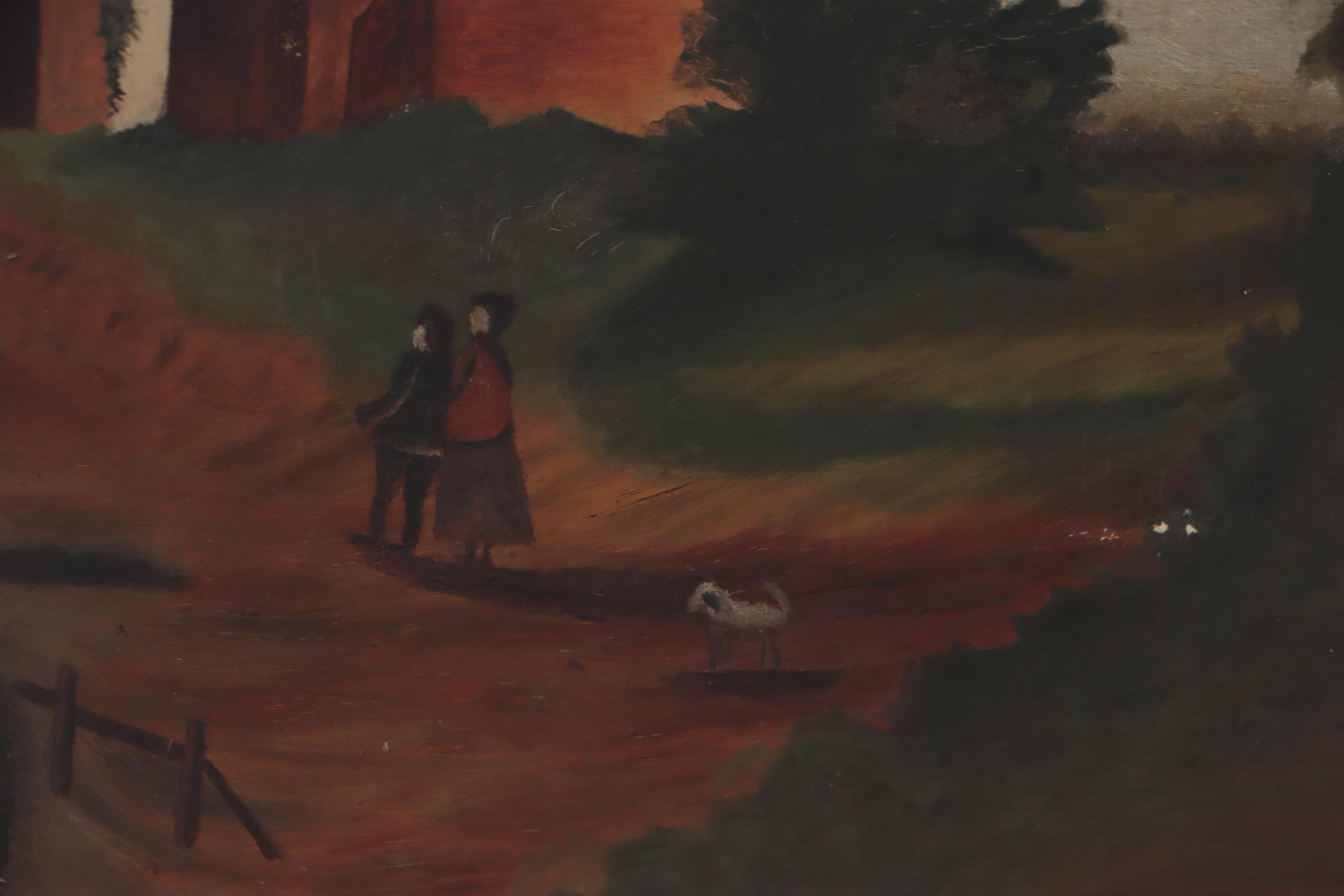 Naïve Oil Painting of Landscape With Figures and Ruins, Circa 1900