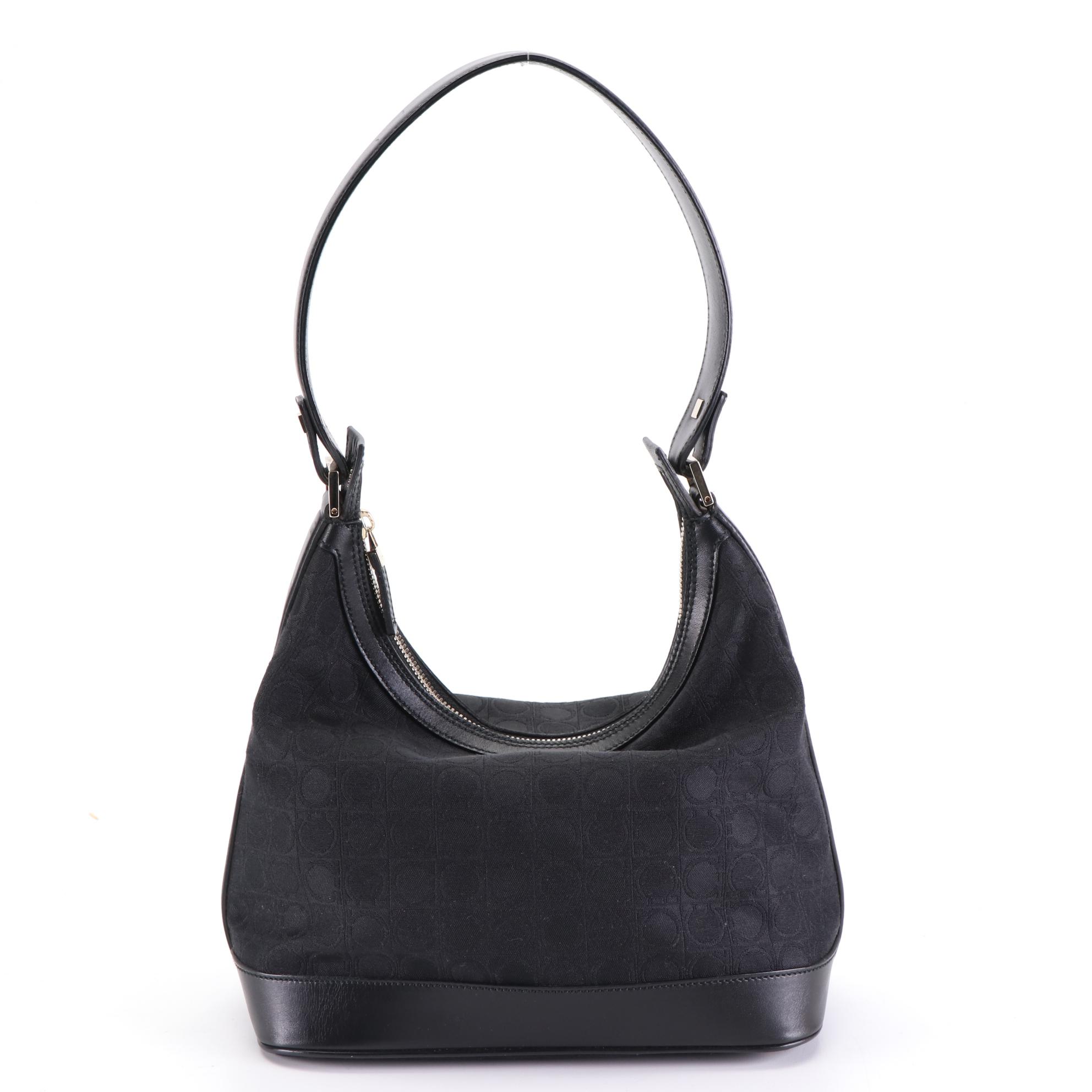 Salvatore Ferragamo Small Shoulder Bag in Black Jacquard Canvas and Leather