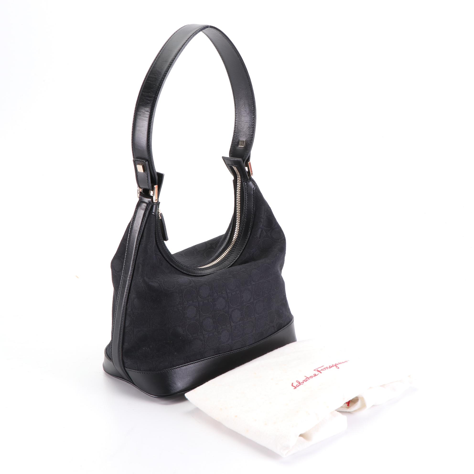 Salvatore Ferragamo Small Shoulder Bag in Black Jacquard Canvas and Leather