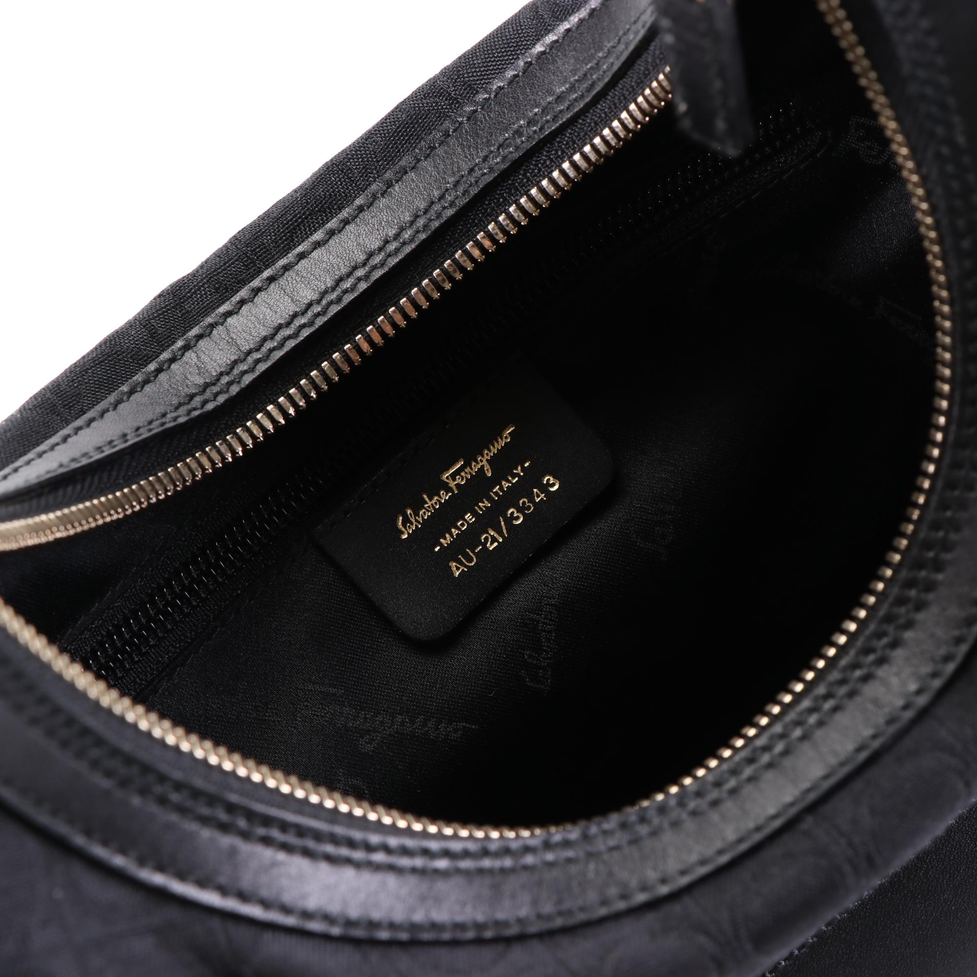 Salvatore Ferragamo Small Shoulder Bag in Black Jacquard Canvas and Leather