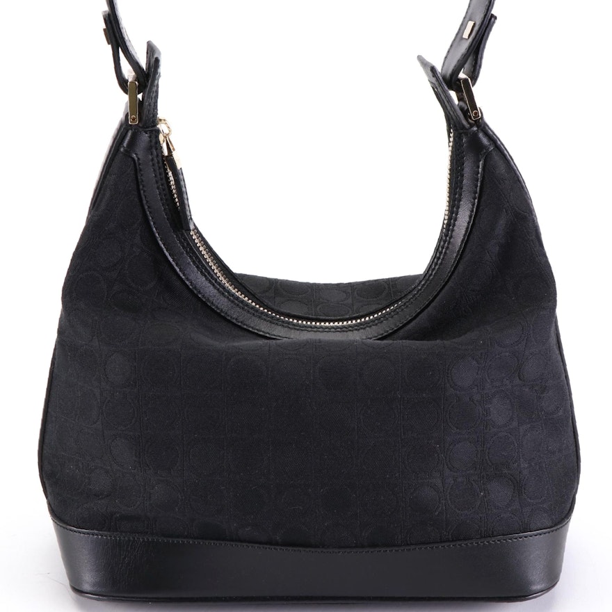 Salvatore Ferragamo Small Shoulder Bag in Black Jacquard Canvas and Leather