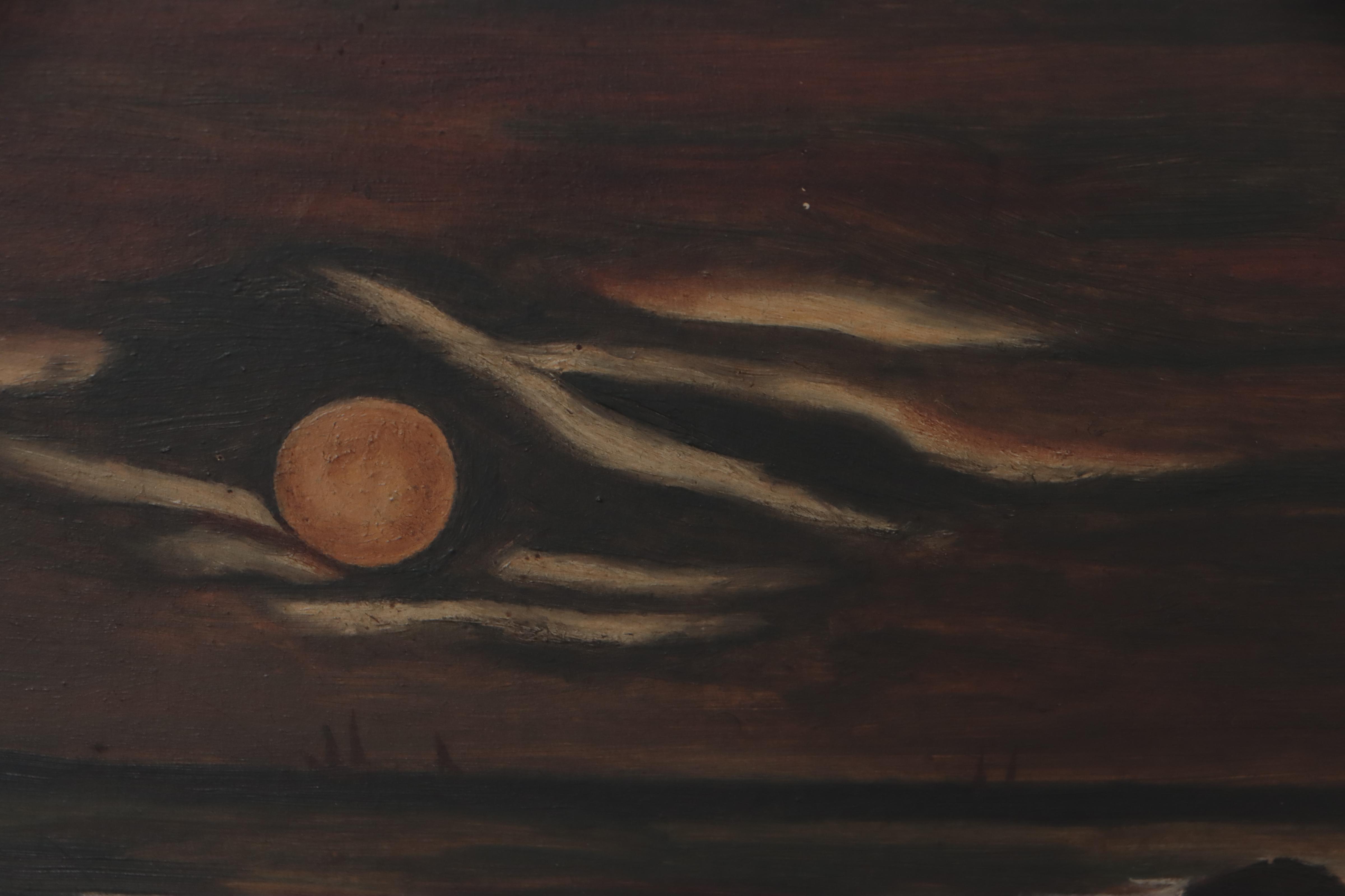 Naïve Oil Painting of Nocturne Coastal Landscape, Circa 1900