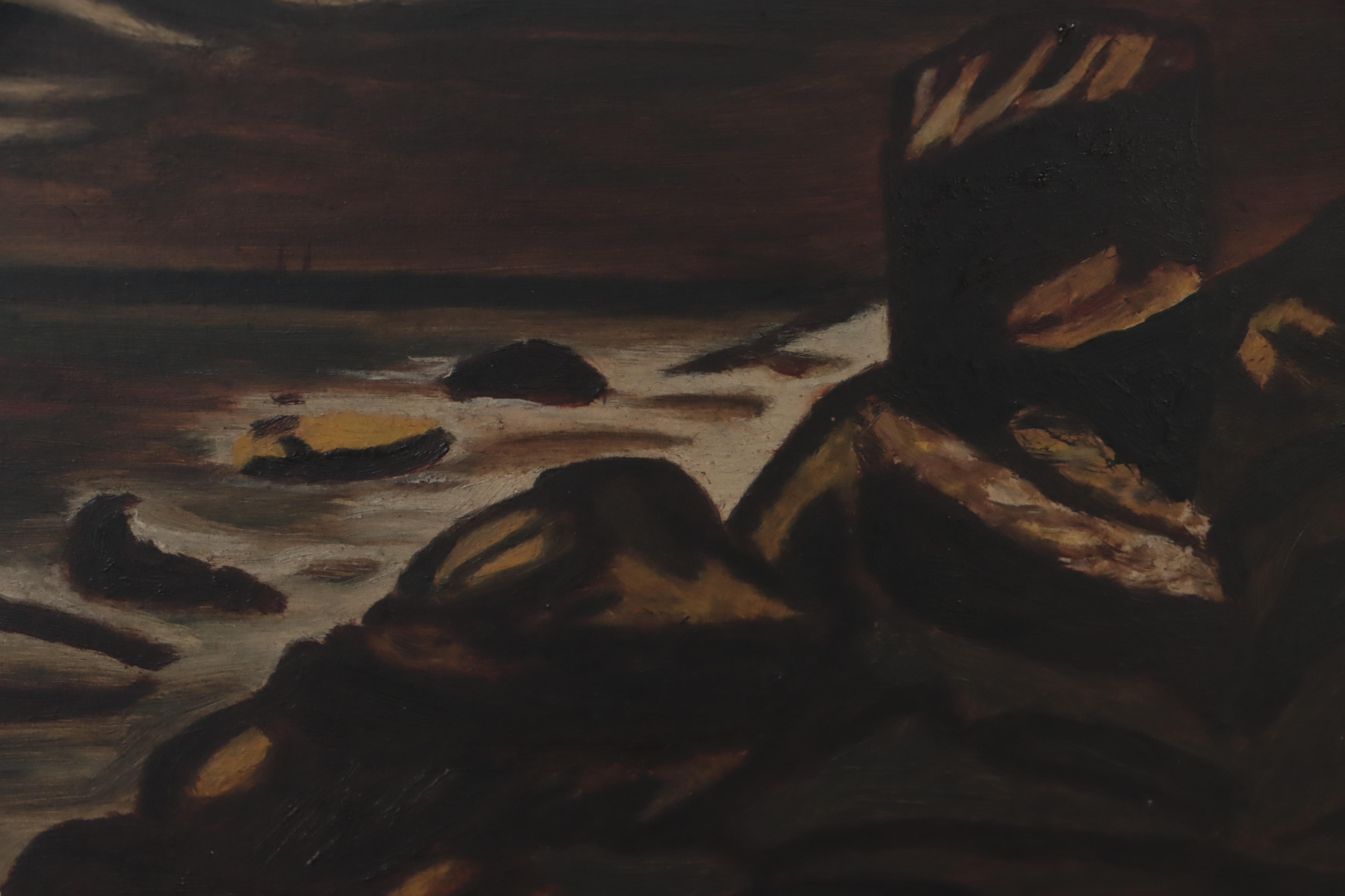 Naïve Oil Painting of Nocturne Coastal Landscape, Circa 1900