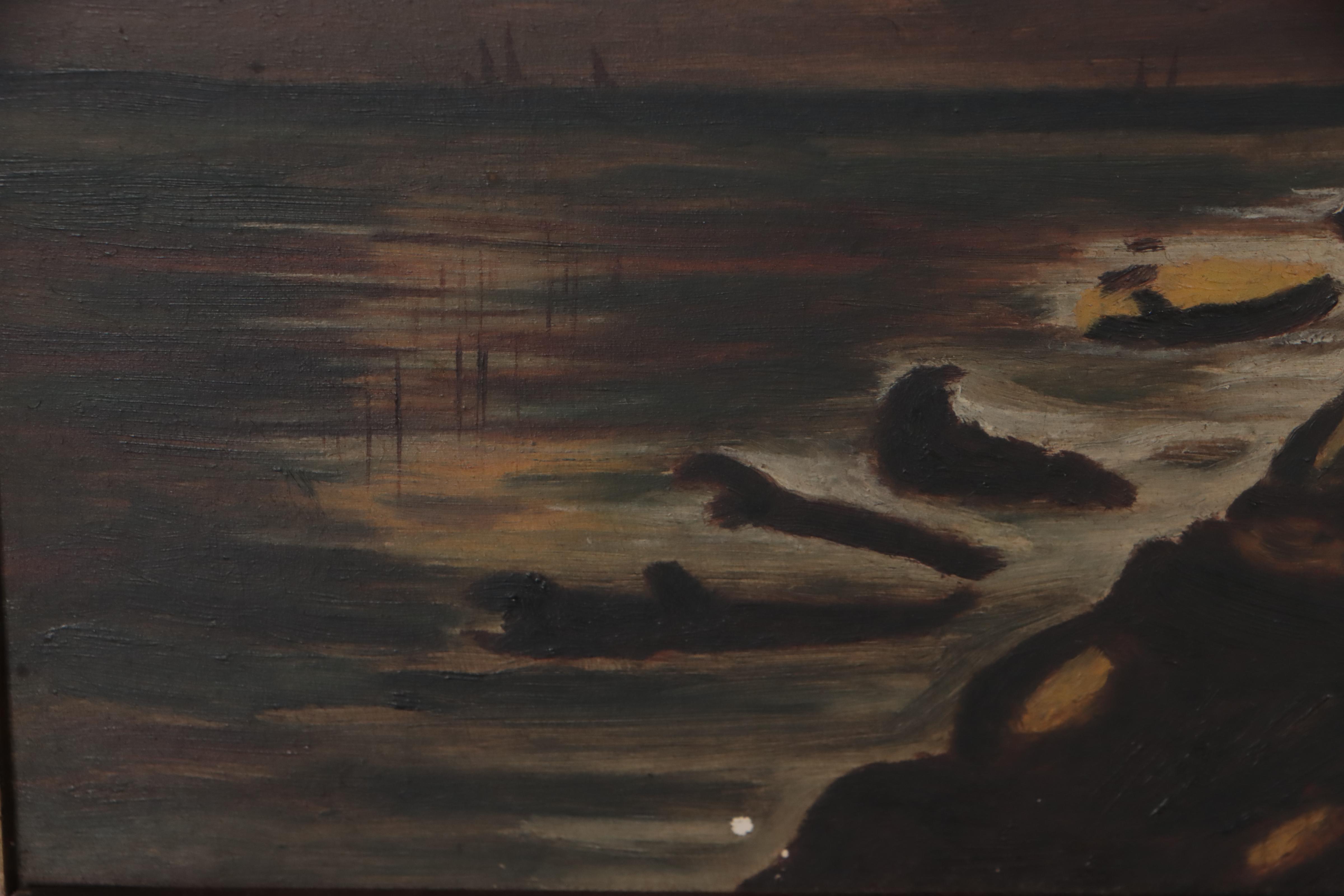Naïve Oil Painting of Nocturne Coastal Landscape, Circa 1900