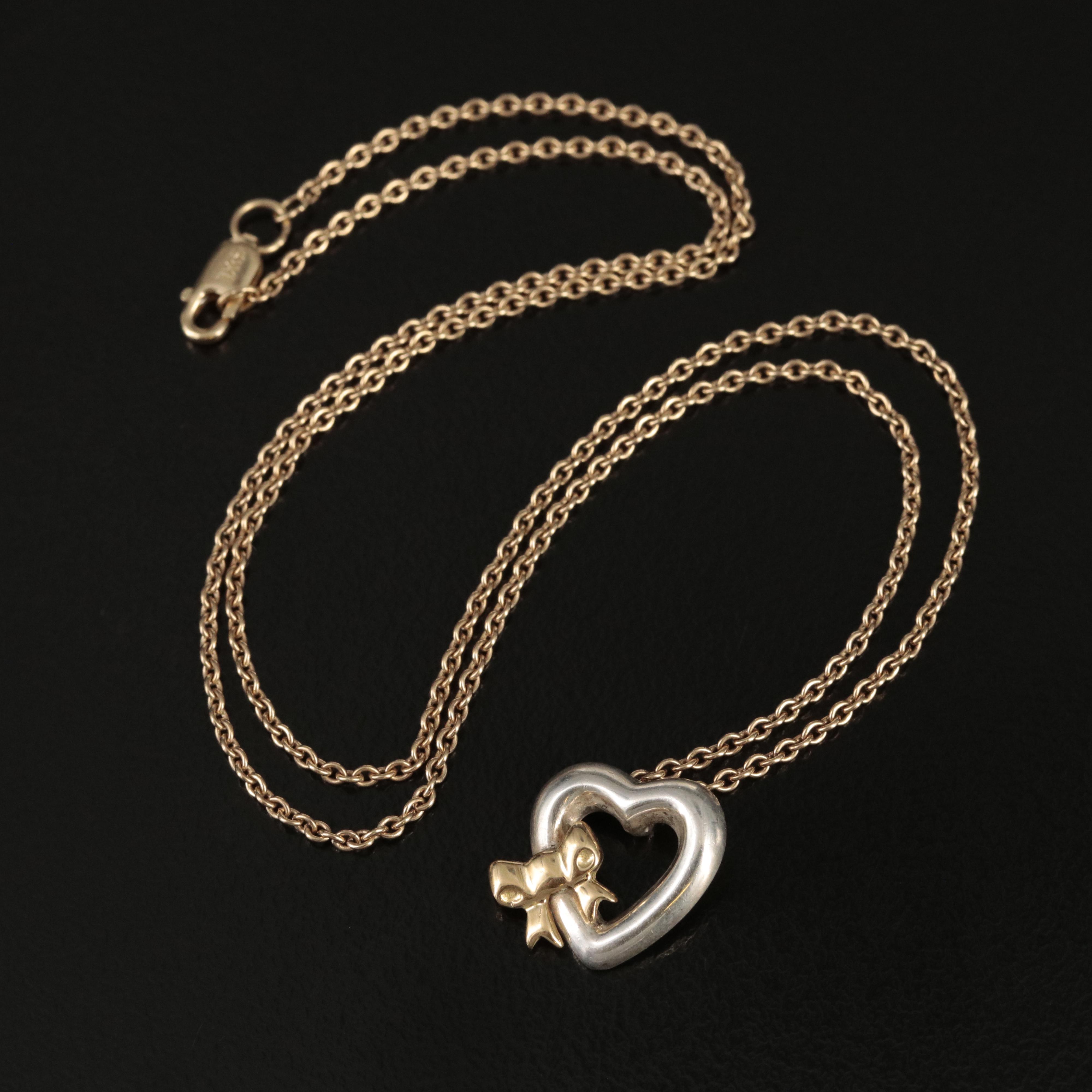 Tiffany & Co. Sterling Heart with 18K Ribbon Pendant on 14K Chain