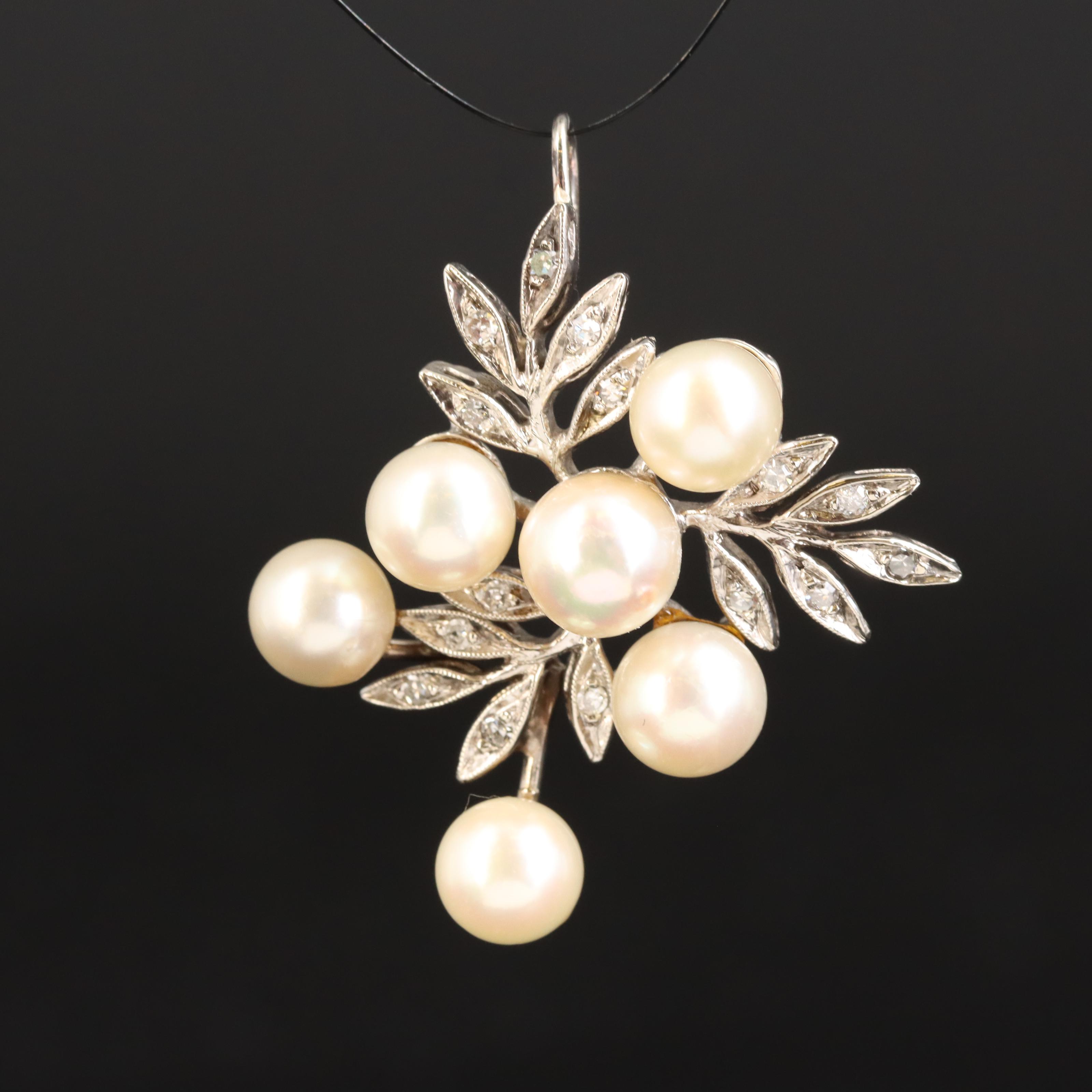 14K Pearl and Diamond Leaf Pendant
