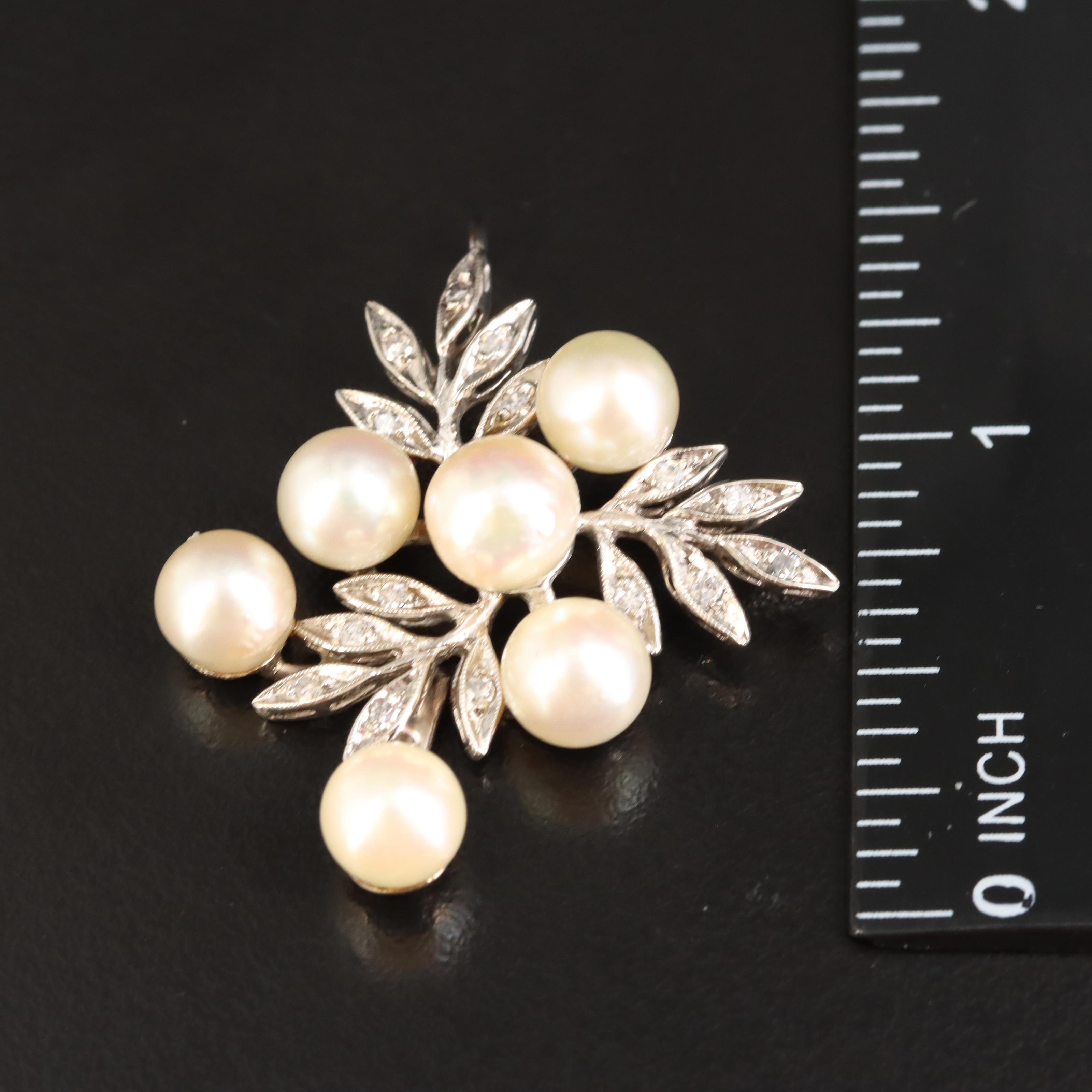 14K Pearl and Diamond Leaf Pendant