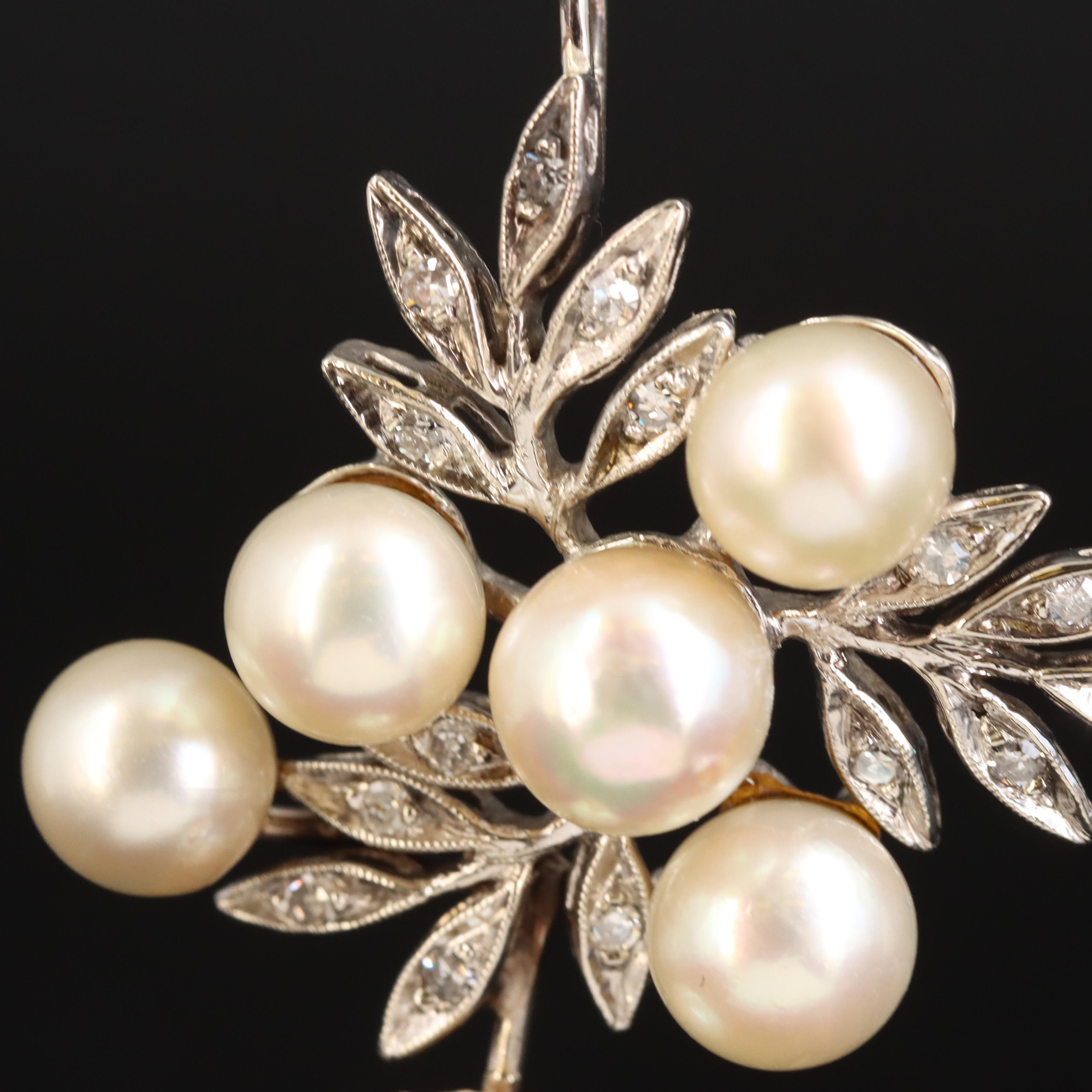 14K Pearl and Diamond Leaf Pendant