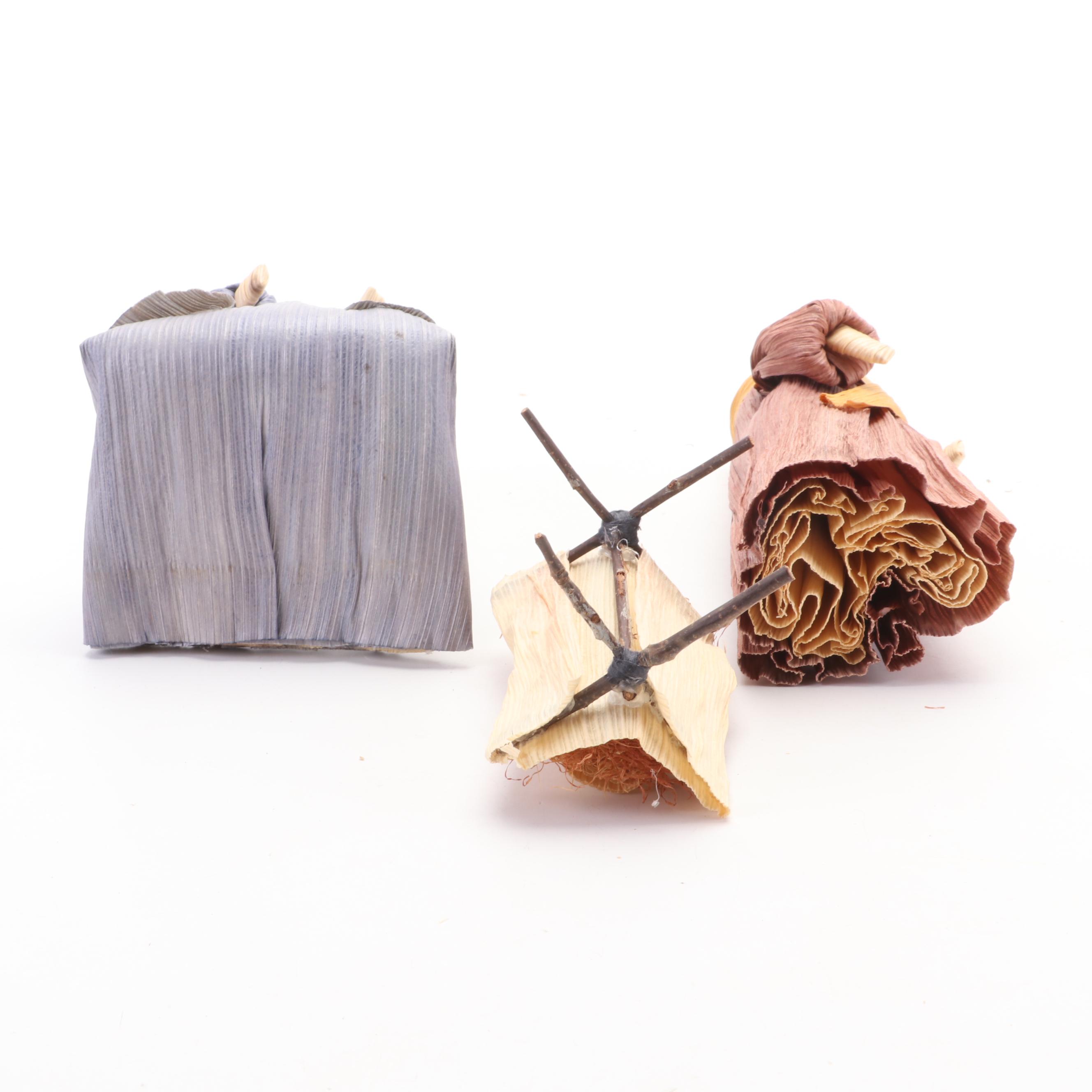 Sinamay Tree Topper Angel with Nativity Corn Husk Figurines and Wood Display