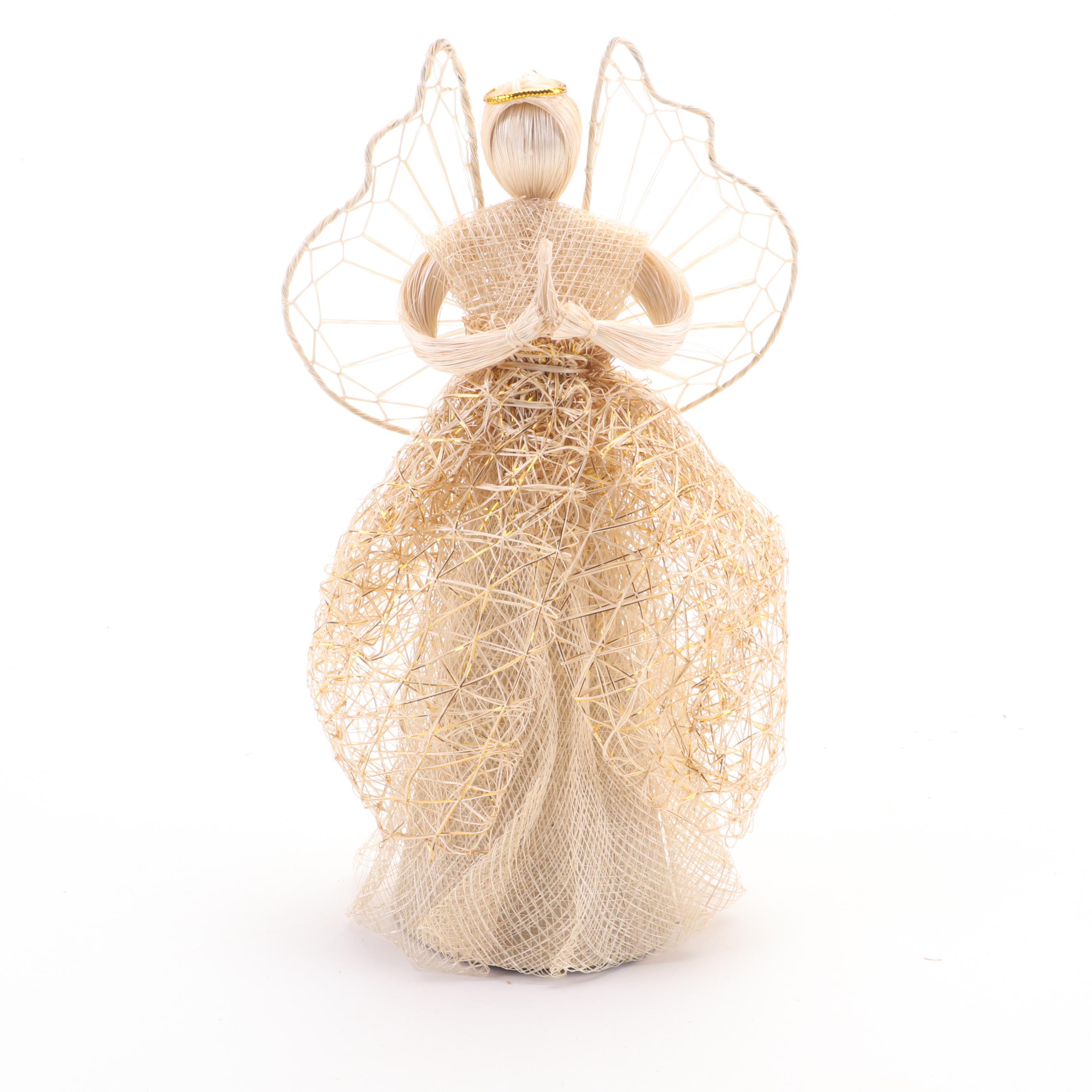 Sinamay Tree Topper Angel with Nativity Corn Husk Figurines and Wood Display