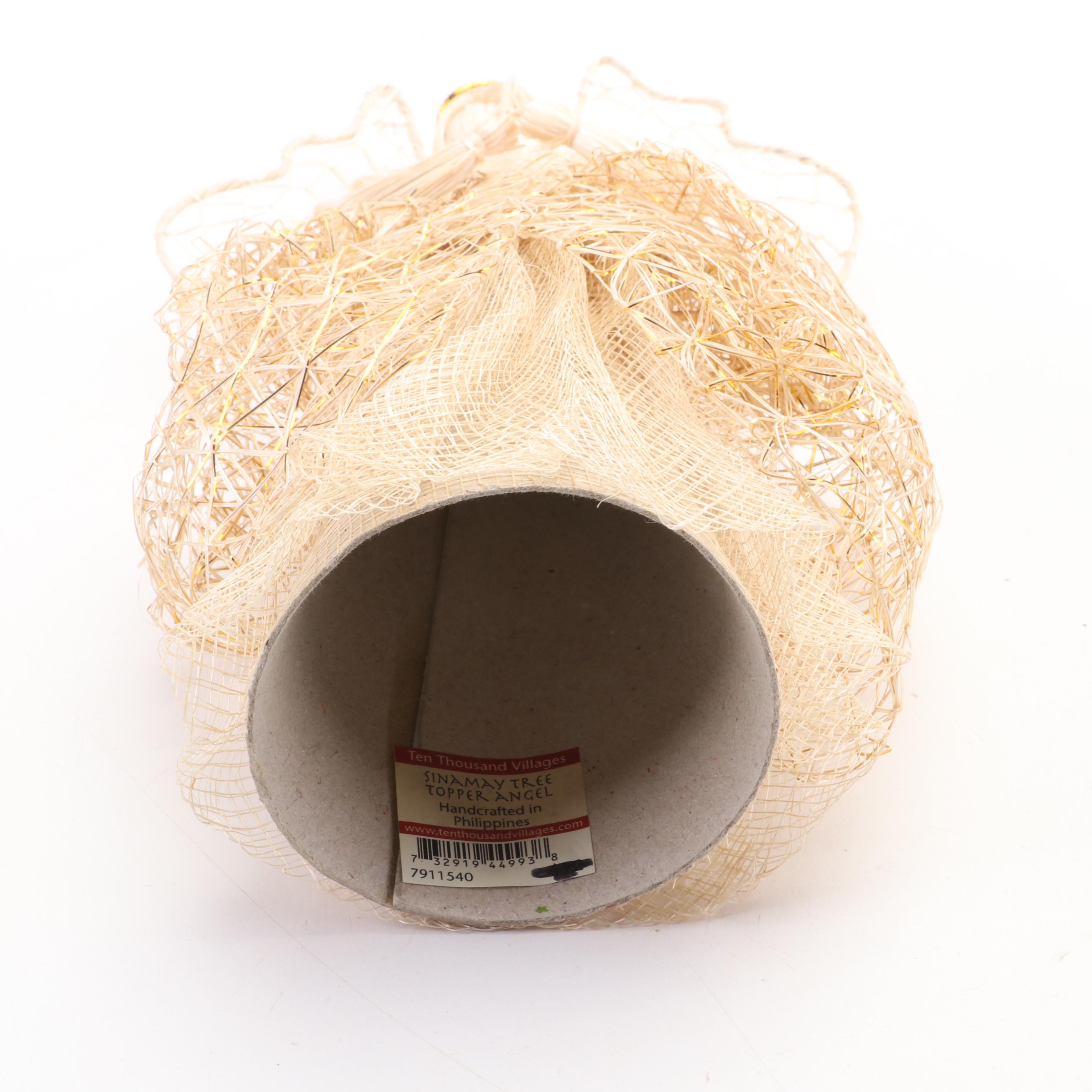 Sinamay Tree Topper Angel with Nativity Corn Husk Figurines and Wood Display