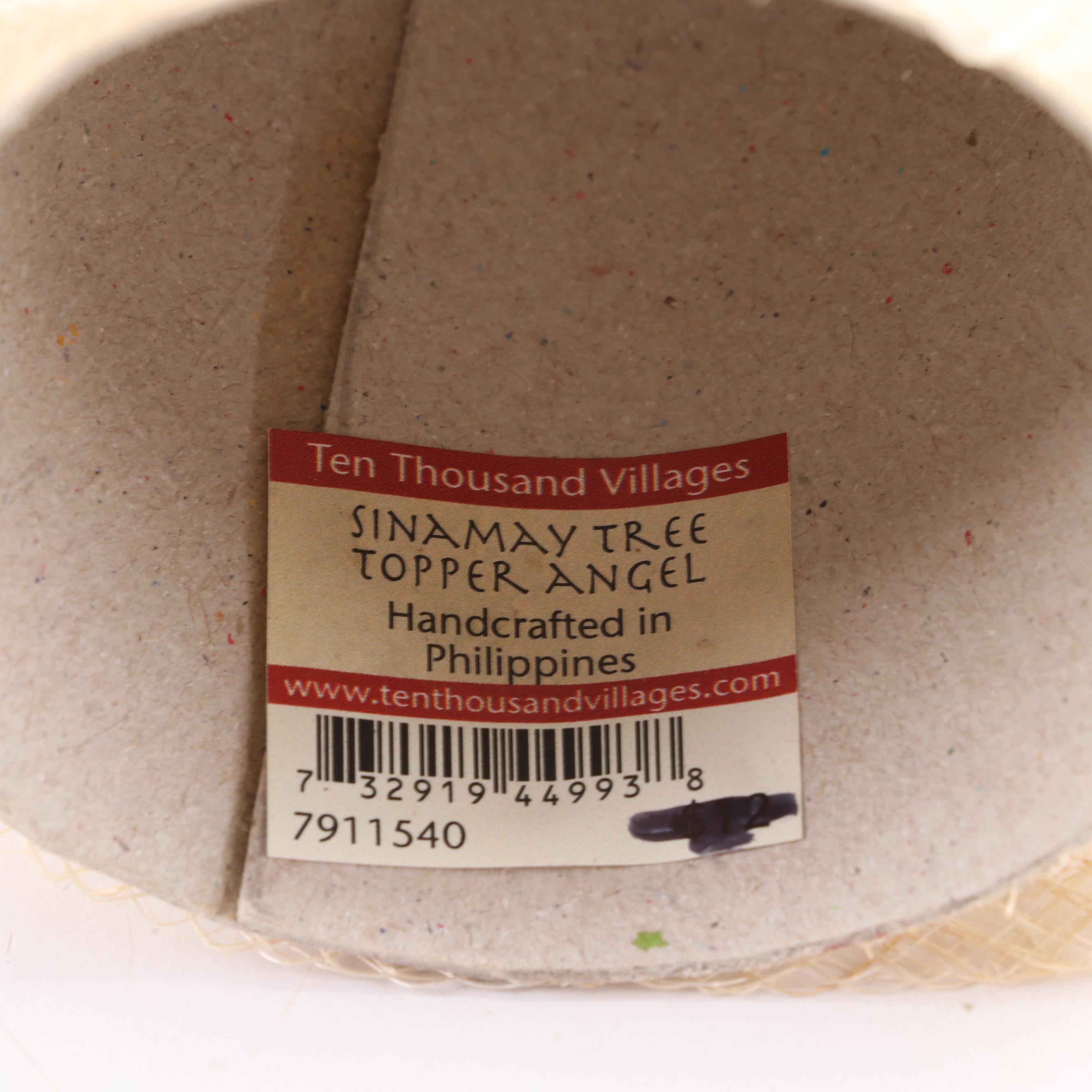 Sinamay Tree Topper Angel with Nativity Corn Husk Figurines and Wood Display