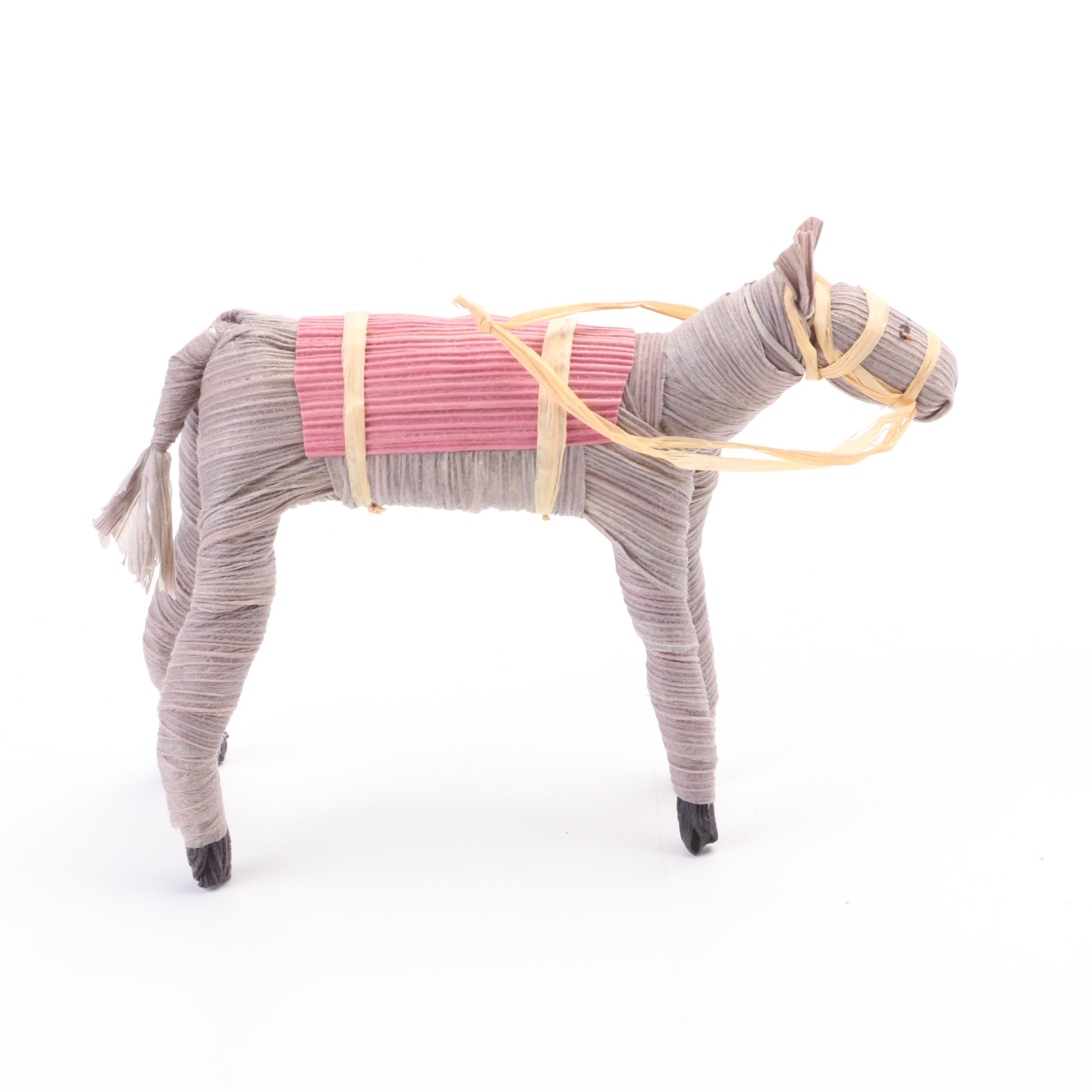 Sinamay Tree Topper Angel with Nativity Corn Husk Figurines and Wood Display