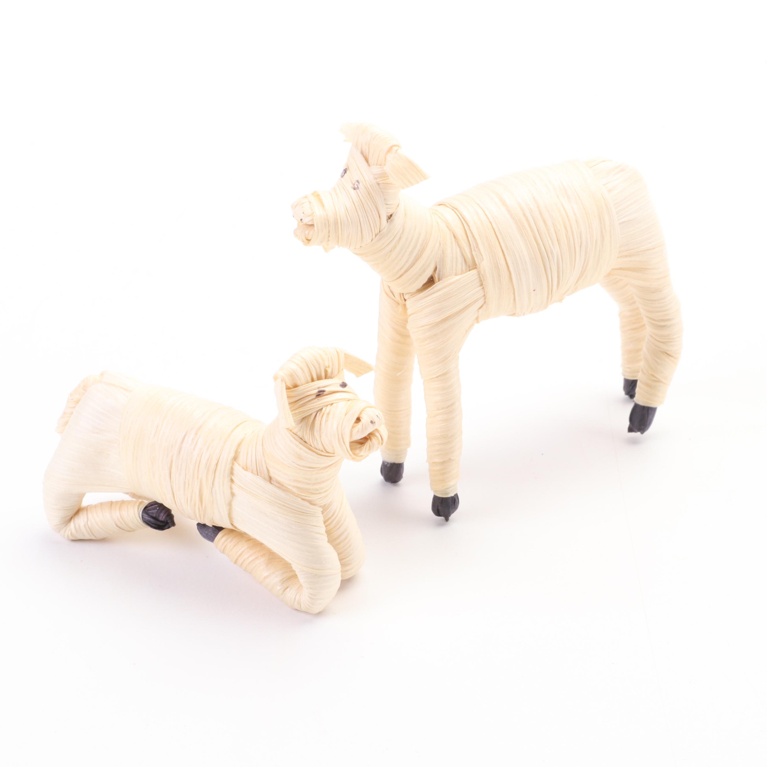 Sinamay Tree Topper Angel with Nativity Corn Husk Figurines and Wood Display