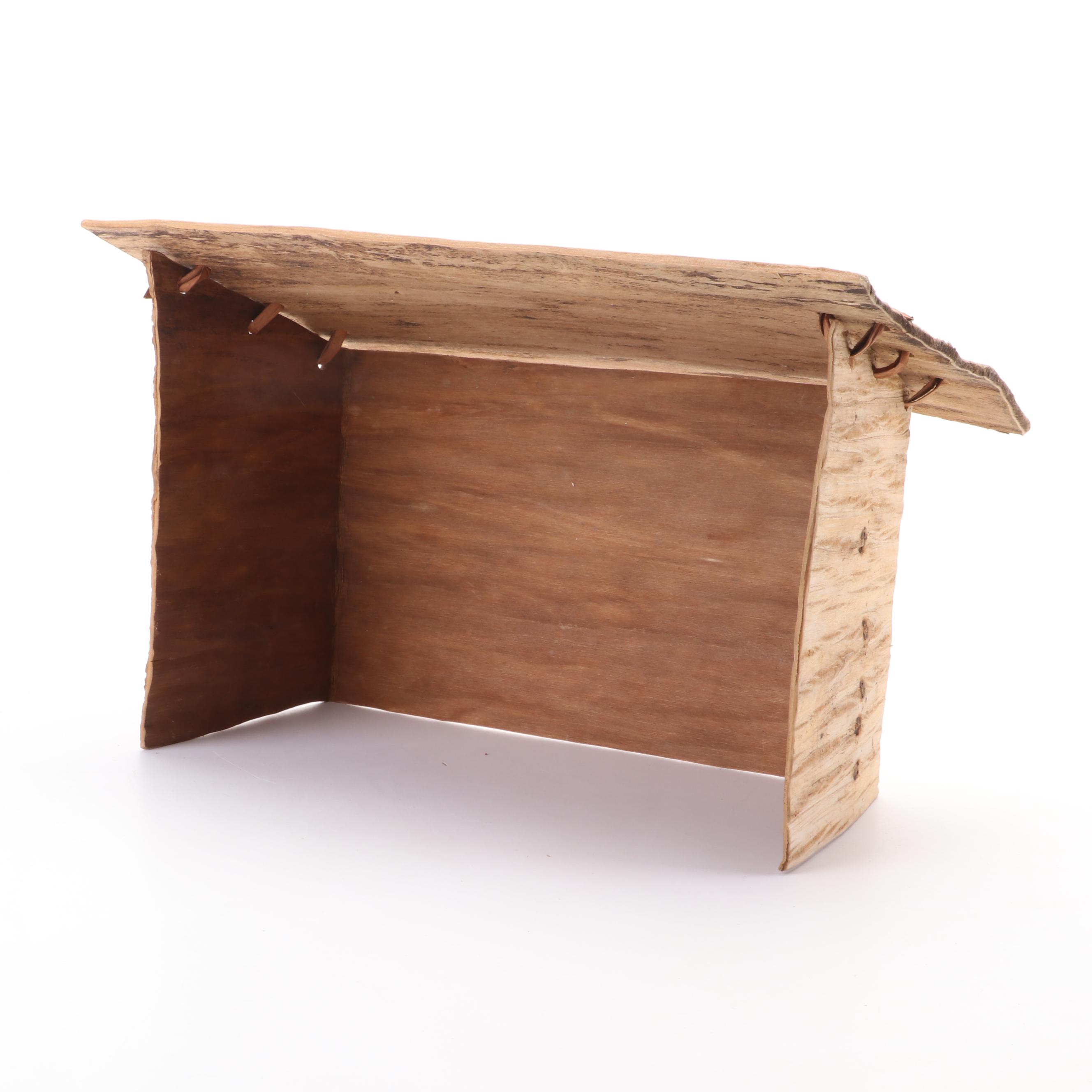 Sinamay Tree Topper Angel with Nativity Corn Husk Figurines and Wood Display