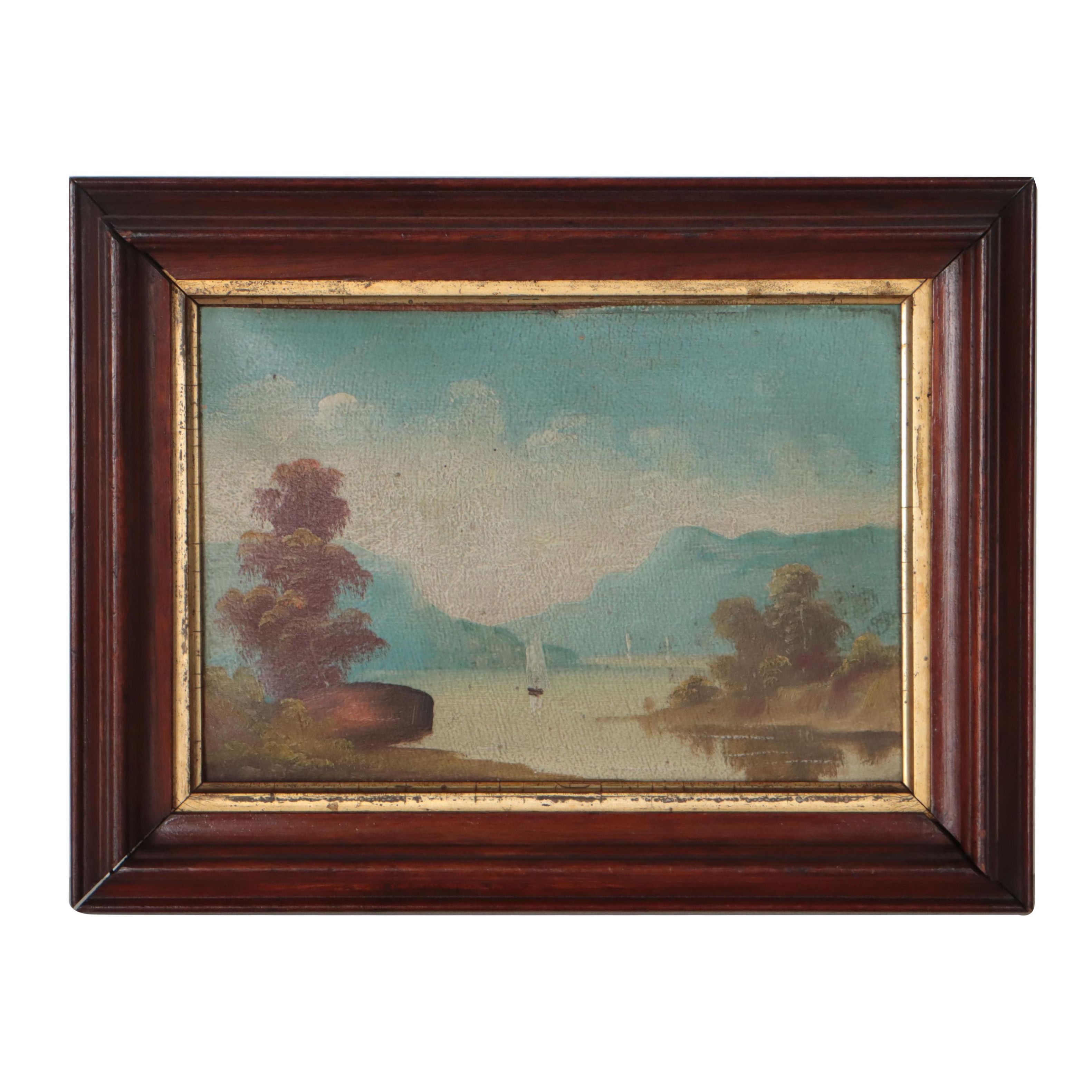 Naïve Hudson River Style Landscape Oil Painting, Circa 1900