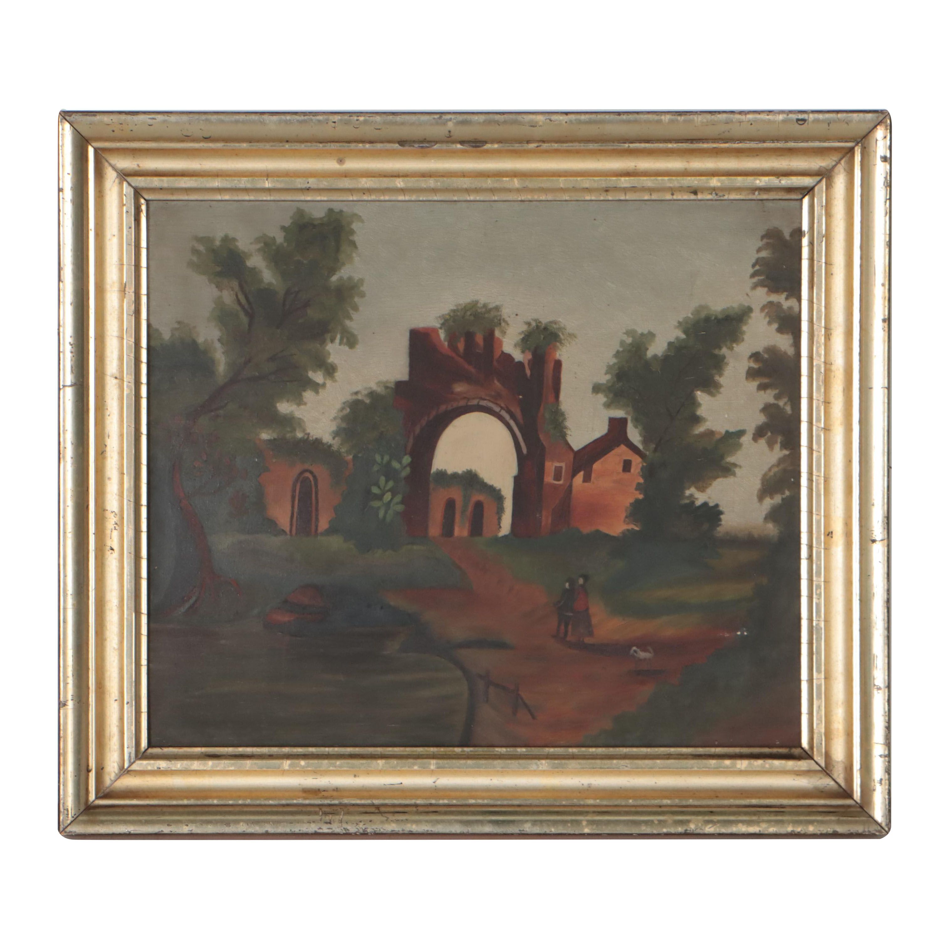 Naïve Oil Painting of Landscape With Figures and Ruins, Circa 1900