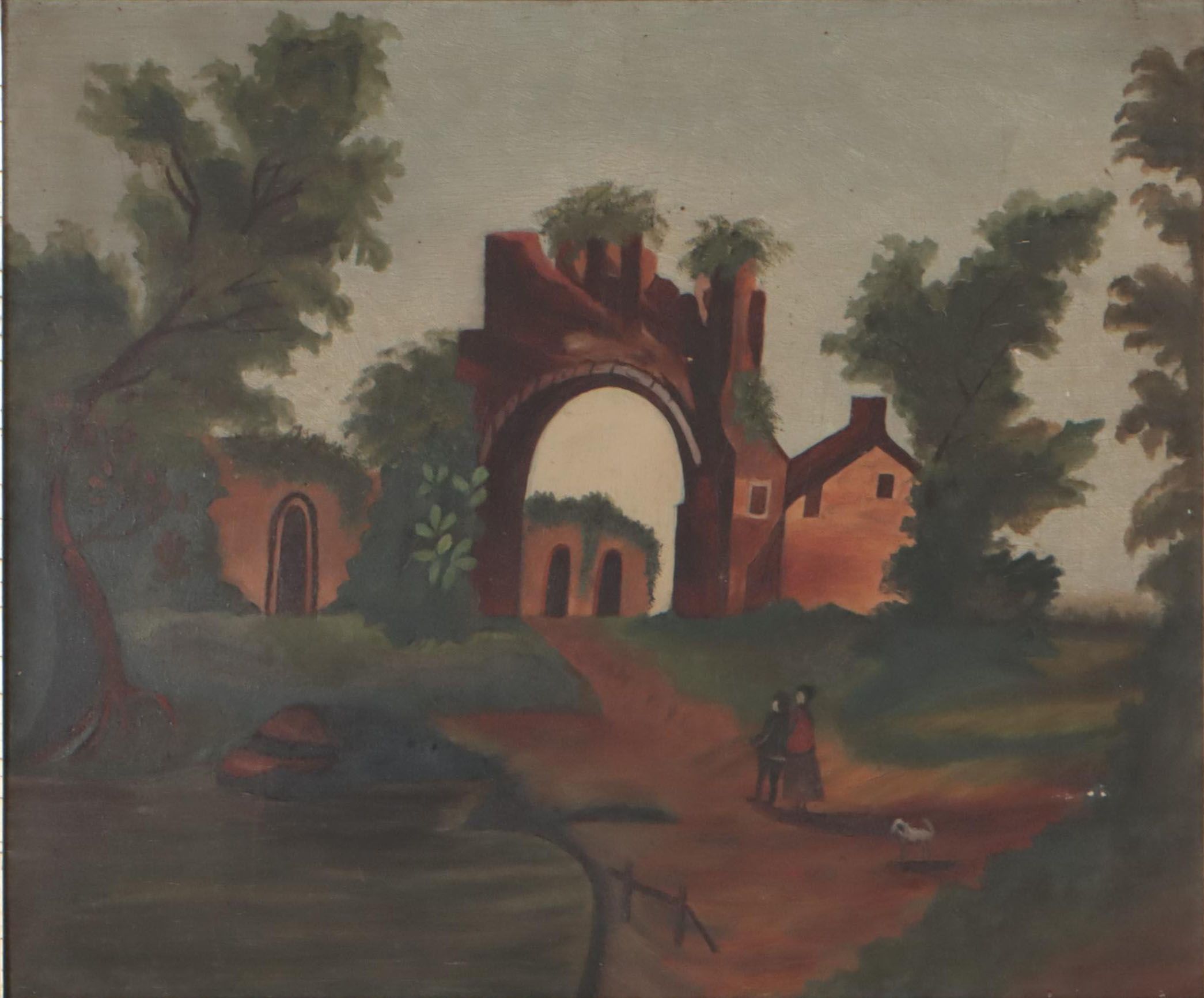 Naïve Oil Painting of Landscape With Figures and Ruins, Circa 1900
