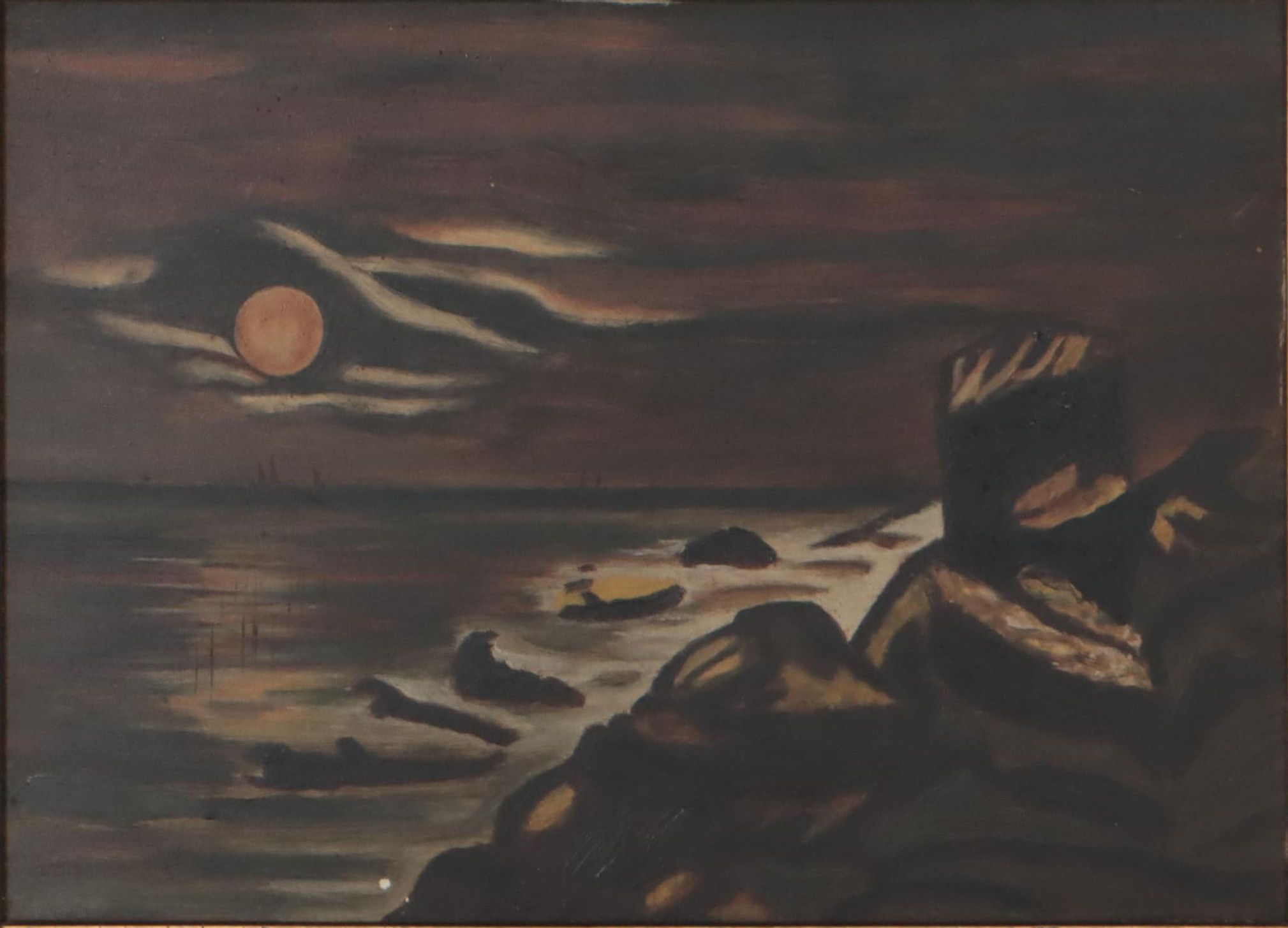 Naïve Oil Painting of Nocturne Coastal Landscape, Circa 1900
