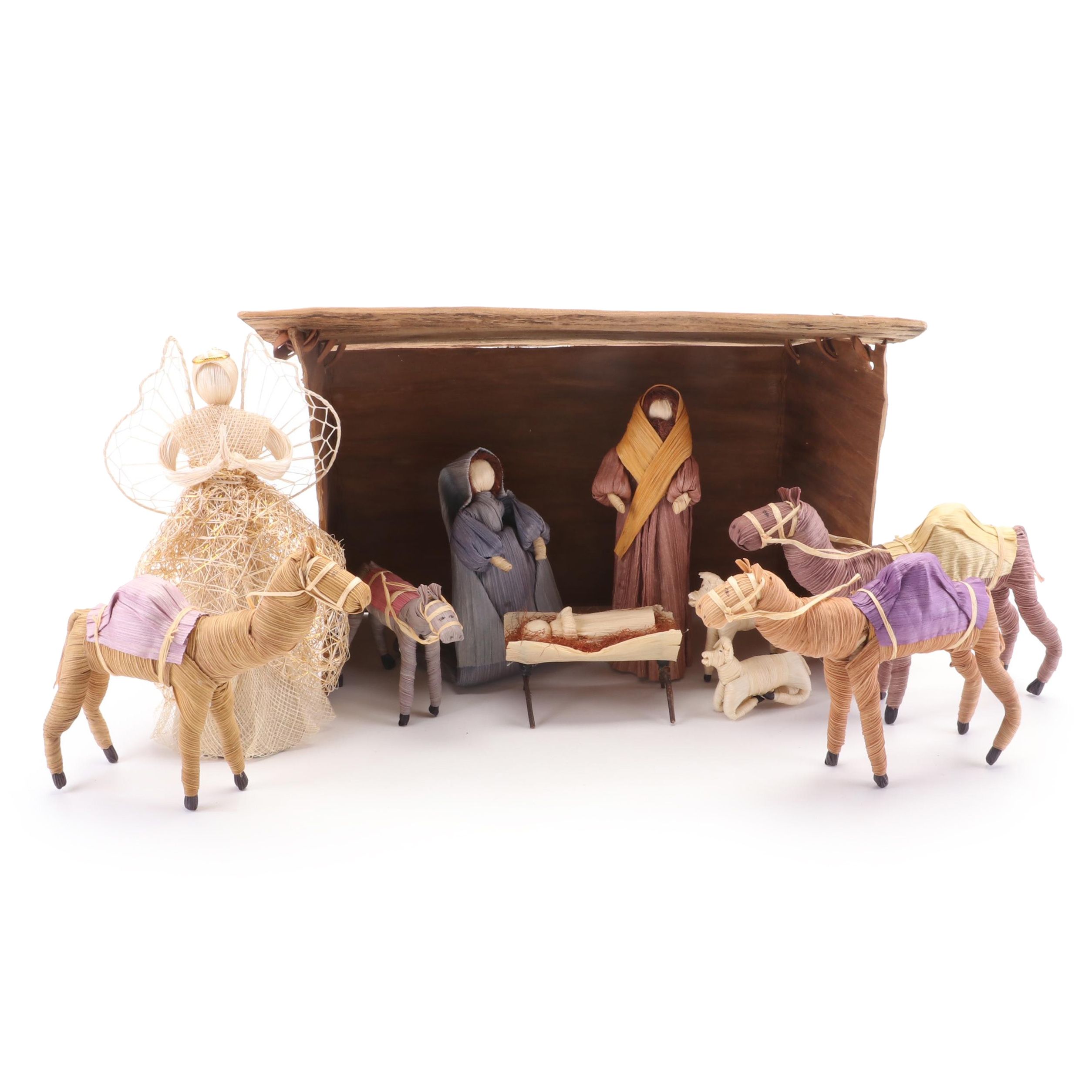 Sinamay Tree Topper Angel with Nativity Corn Husk Figurines and Wood Display