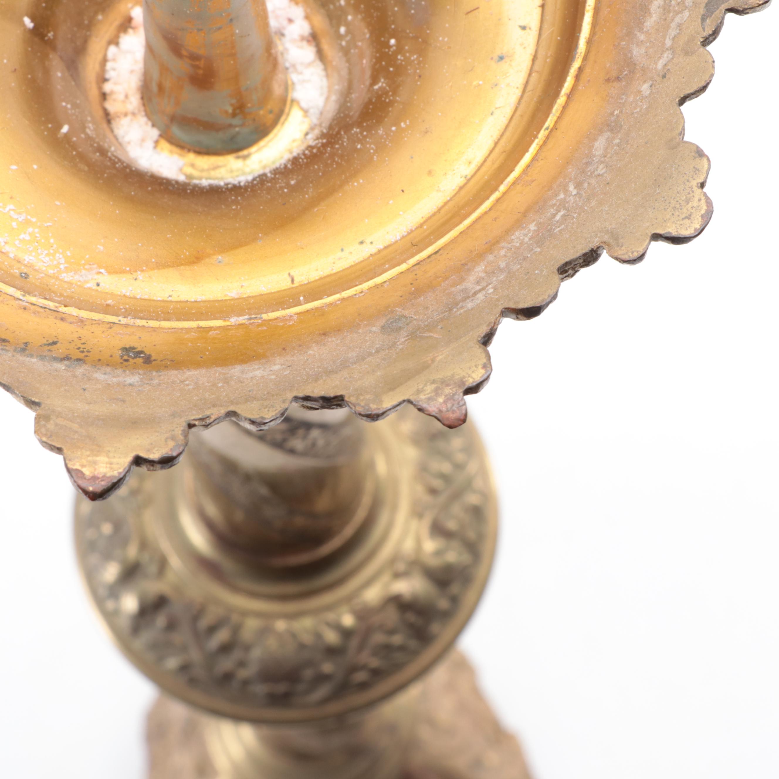 Engraved Brass Tray, Repoussé Brass Tray and Baroque Style Candle Pricket