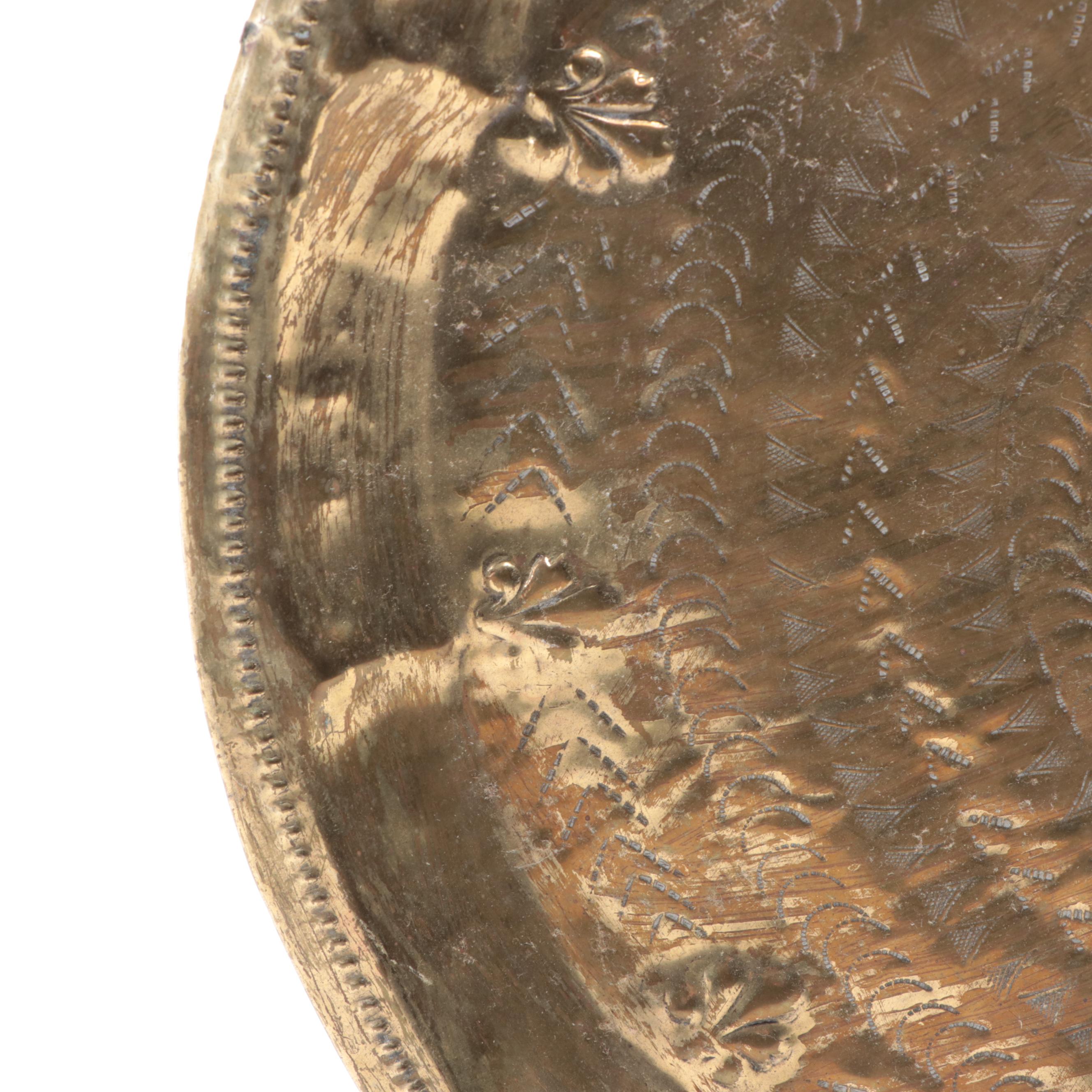 Engraved Brass Tray, Repoussé Brass Tray and Baroque Style Candle Pricket