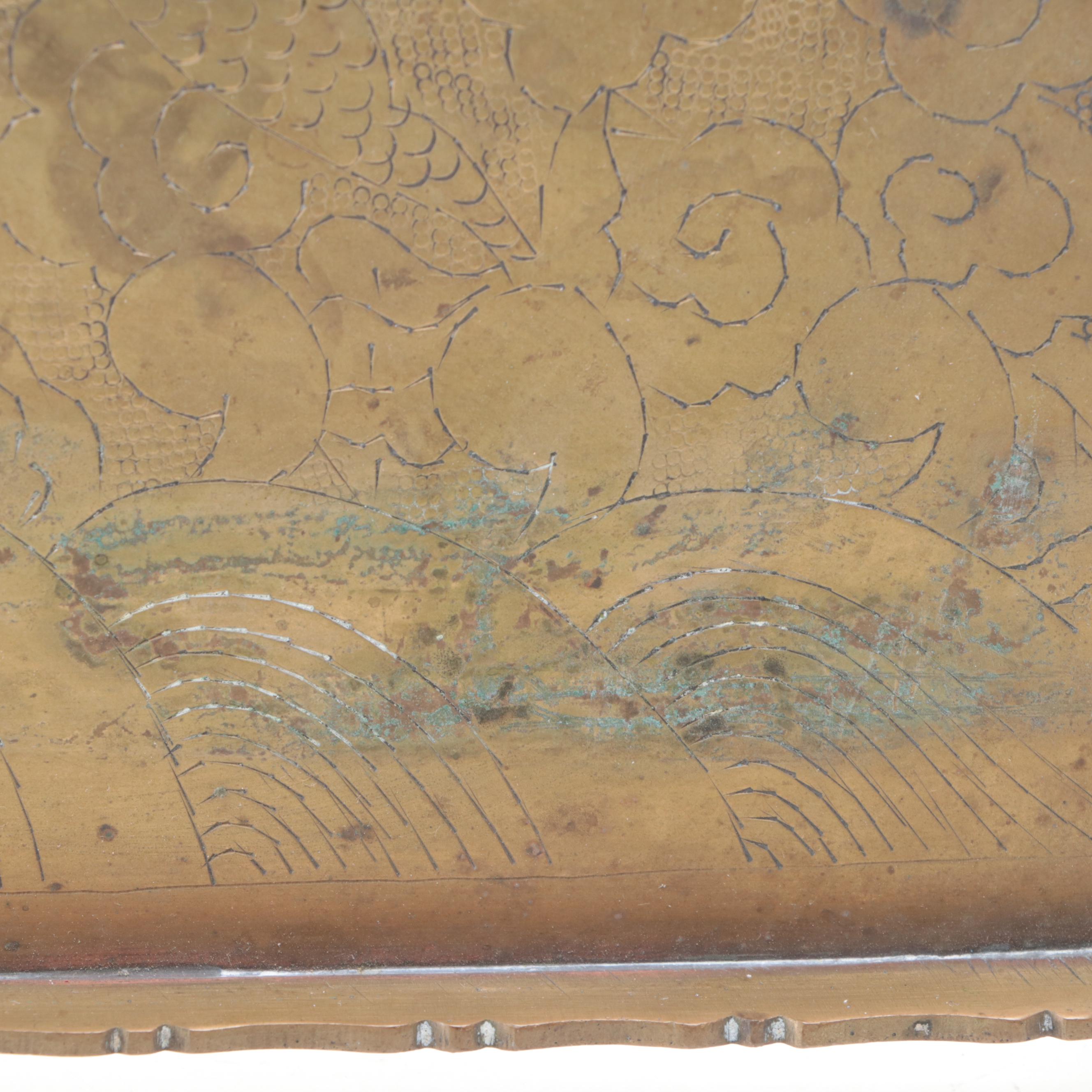 Engraved Brass Tray, Repoussé Brass Tray and Baroque Style Candle Pricket