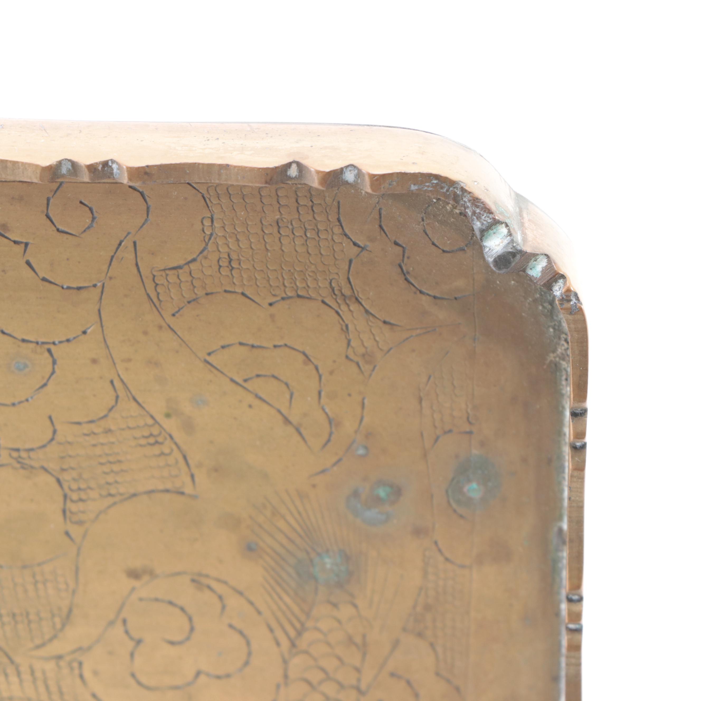 Engraved Brass Tray, Repoussé Brass Tray and Baroque Style Candle Pricket