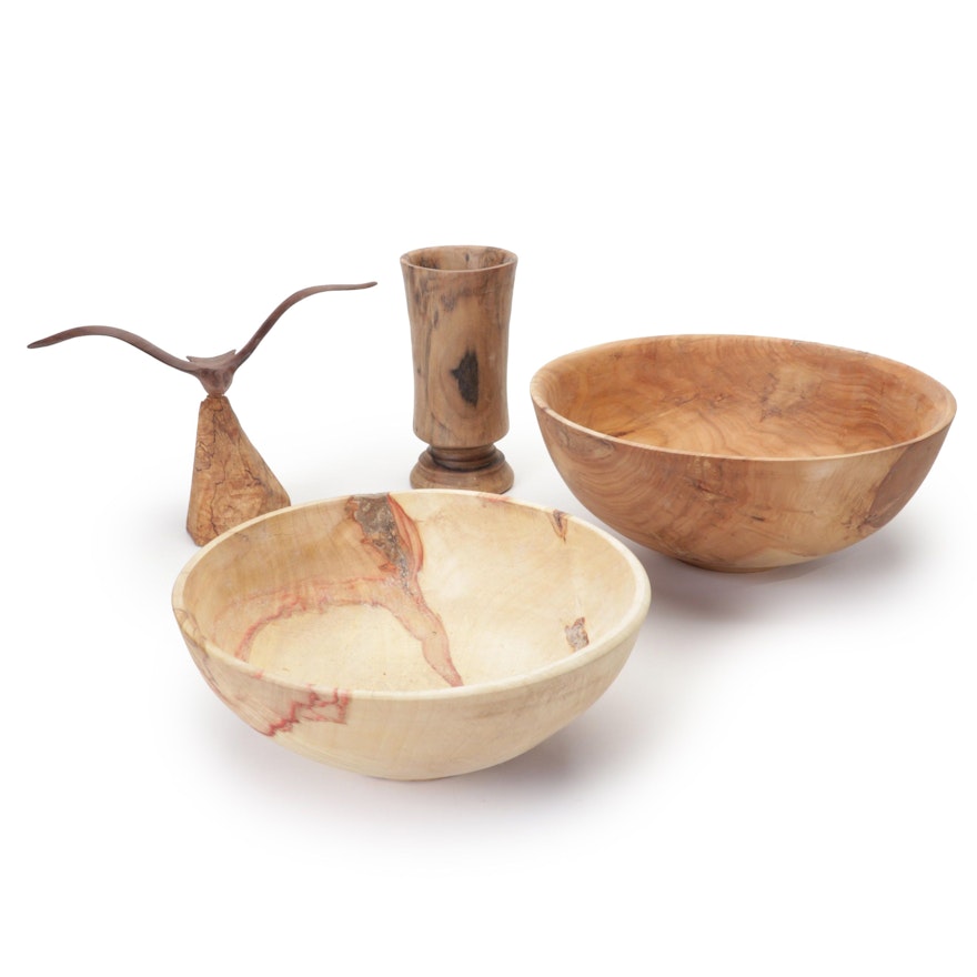 Jim Eliopulos Turned Box Elder & Willow Bowls with Walnut Bird Sculpture & Vase