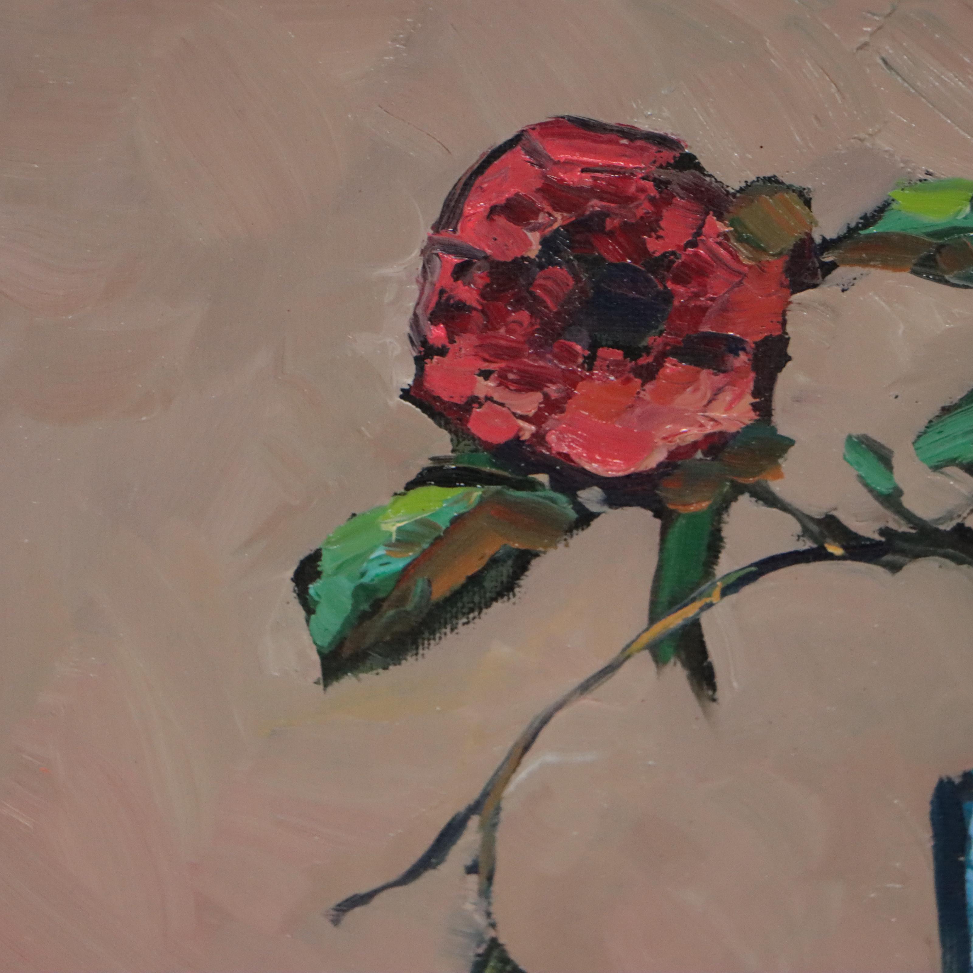 William Hawkins Still Life Oil Painting "Red Rosé Flor con Vase," 2022