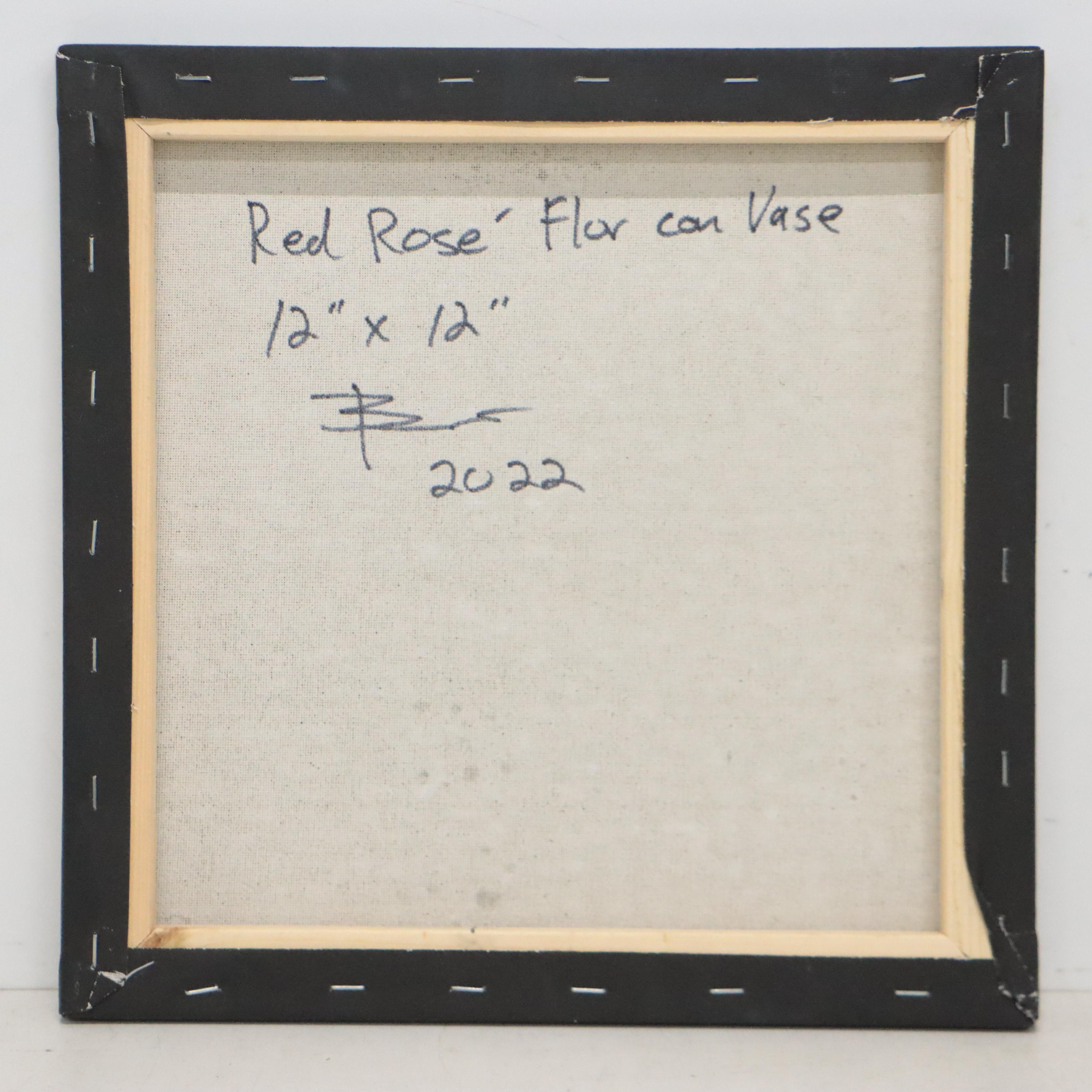 William Hawkins Still Life Oil Painting "Red Rosé Flor con Vase," 2022