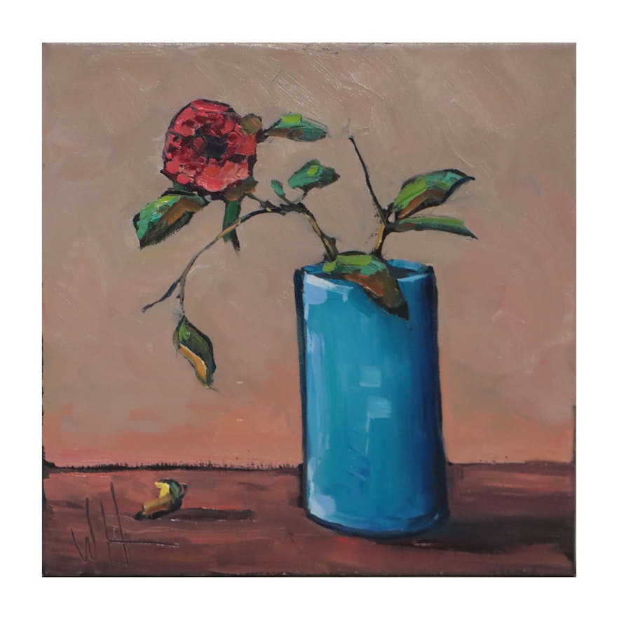 William Hawkins Still Life Oil Painting "Red Rosé Flor con Vase," 2022