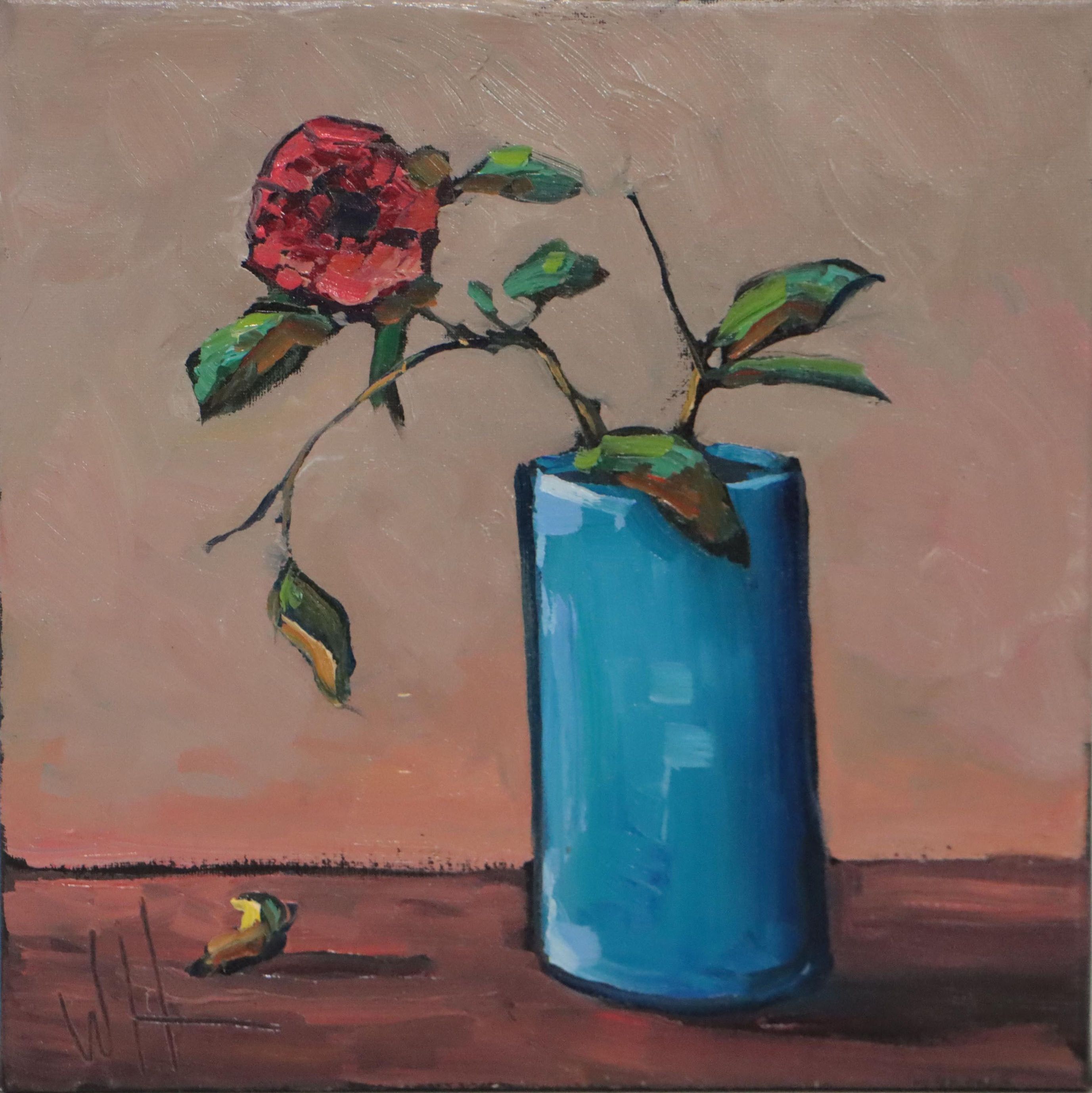 William Hawkins Still Life Oil Painting "Red Rosé Flor con Vase," 2022
