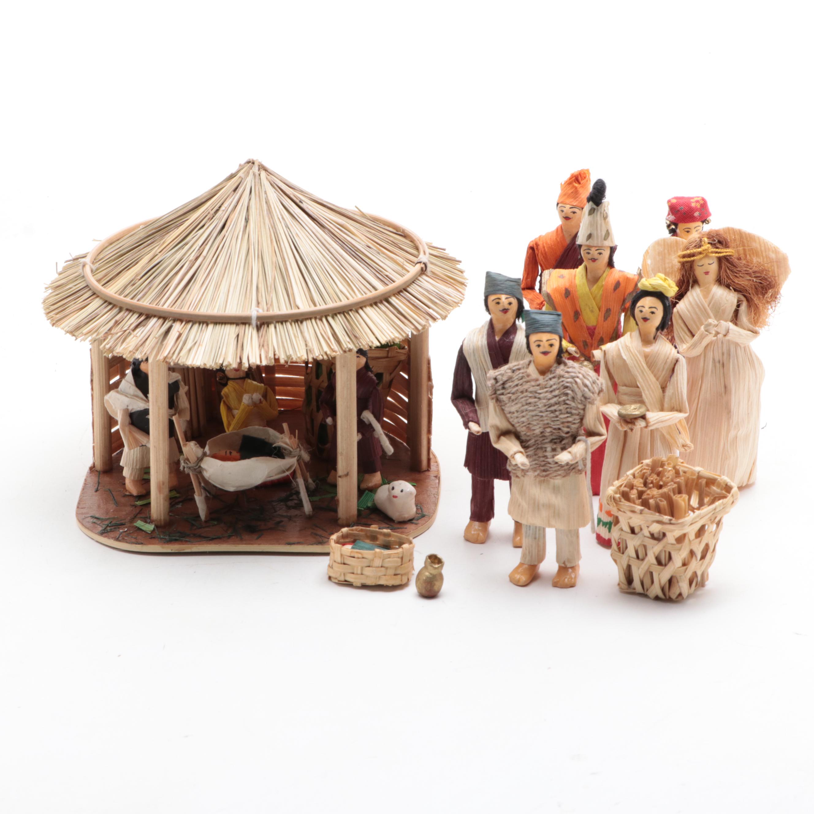 Nepali Gurung Nativity Scene with Other Corn Husk Nativity Figurines