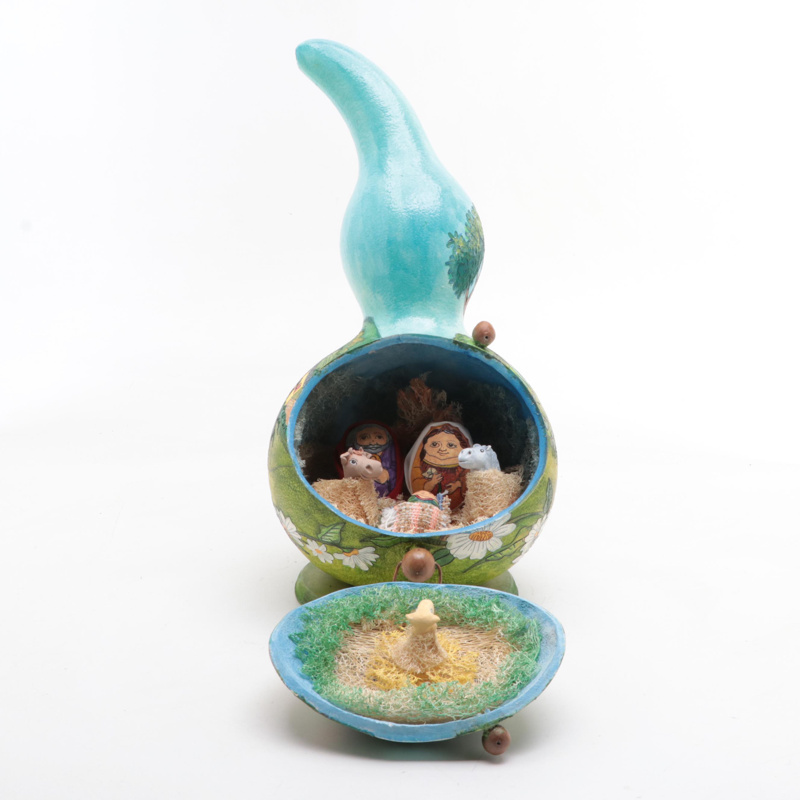 Tarralí Artist Signed Hand-Painted Gourd Nativity Scene with Wood Stand