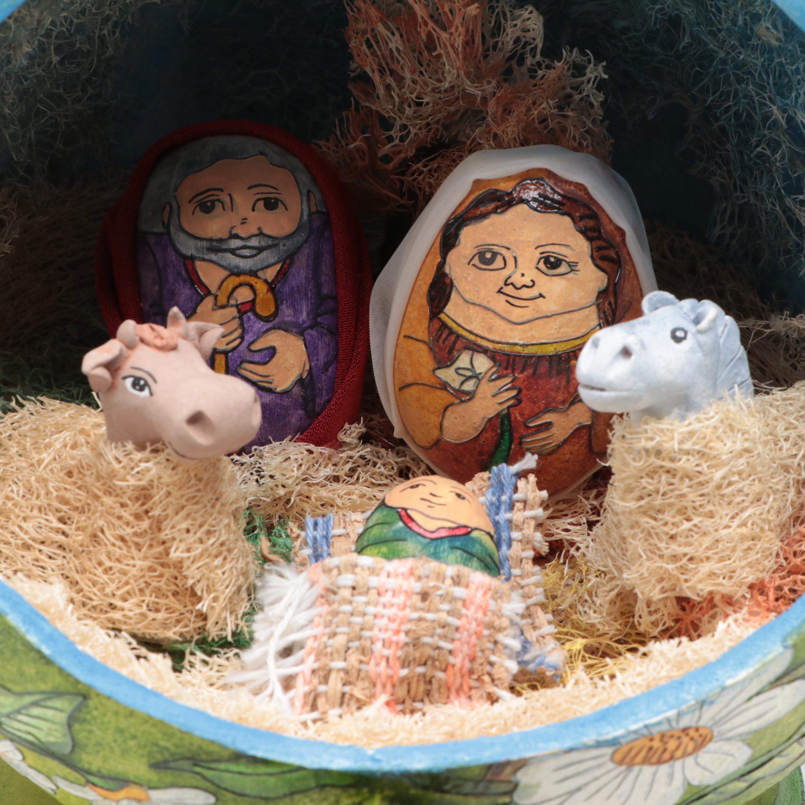 Tarralí Artist Signed Hand-Painted Gourd Nativity Scene with Wood Stand