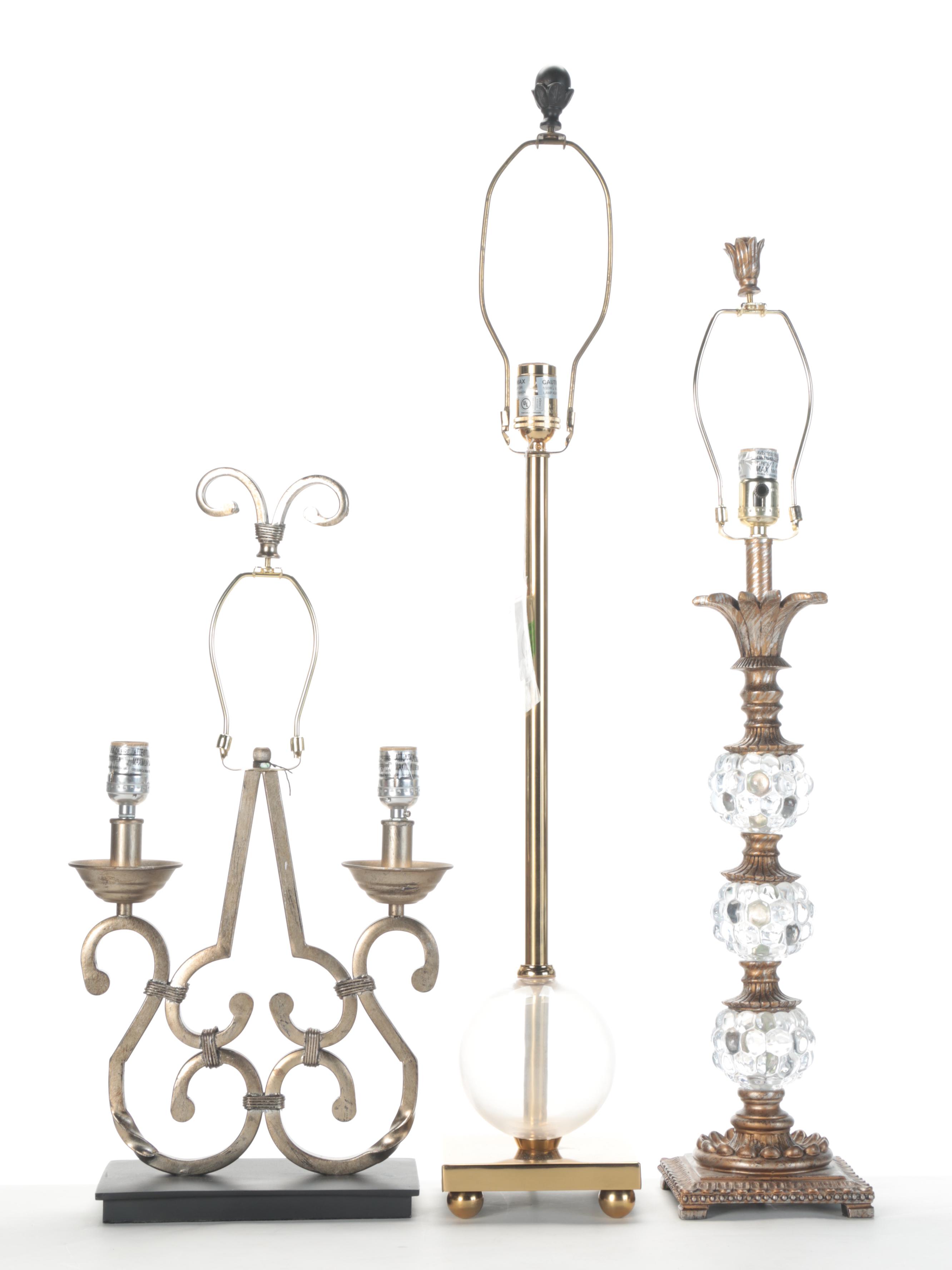 Three Metal, Brass, Plaster and Glass Table Lamps, Contemporary