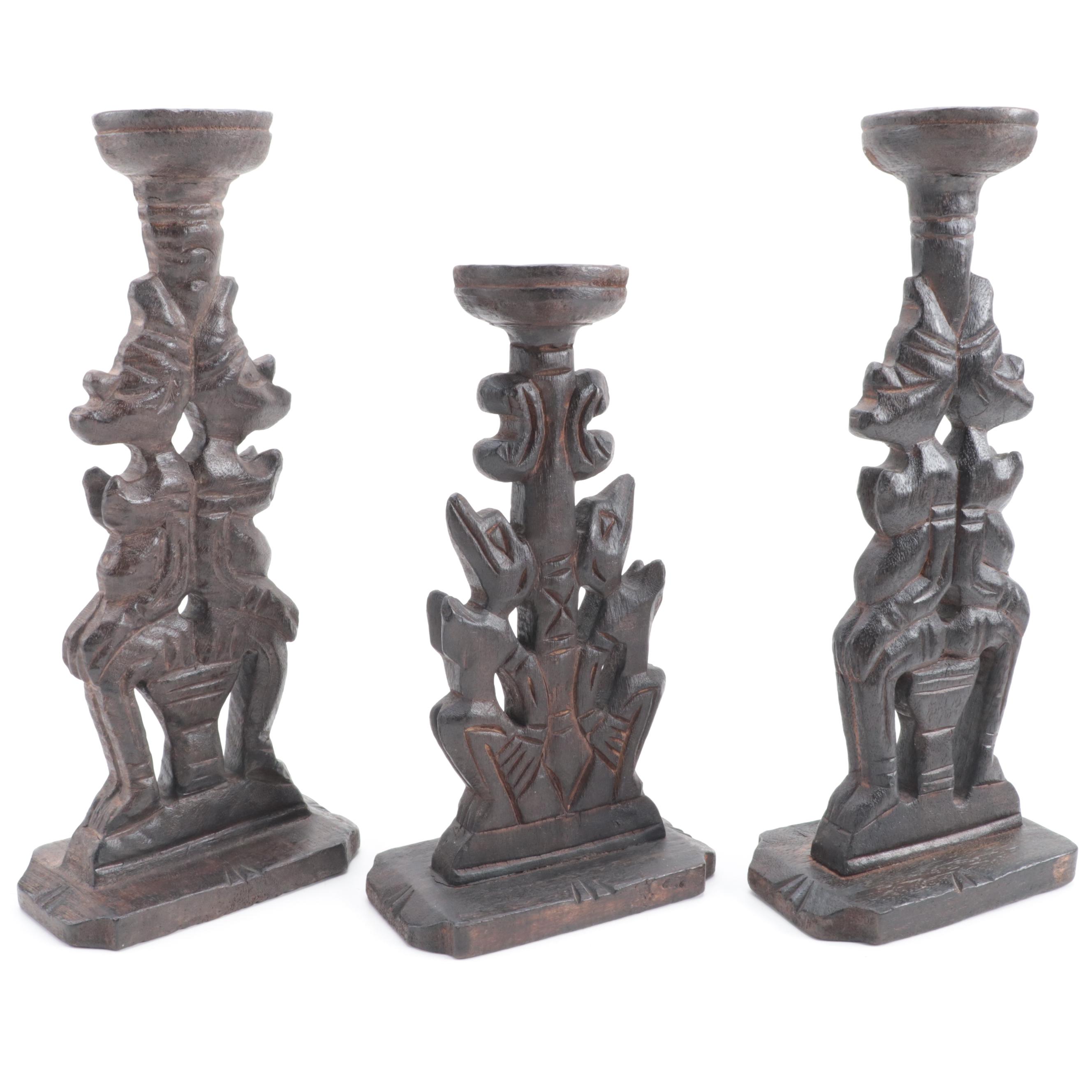 Three African Hand-Carved Candle Holders