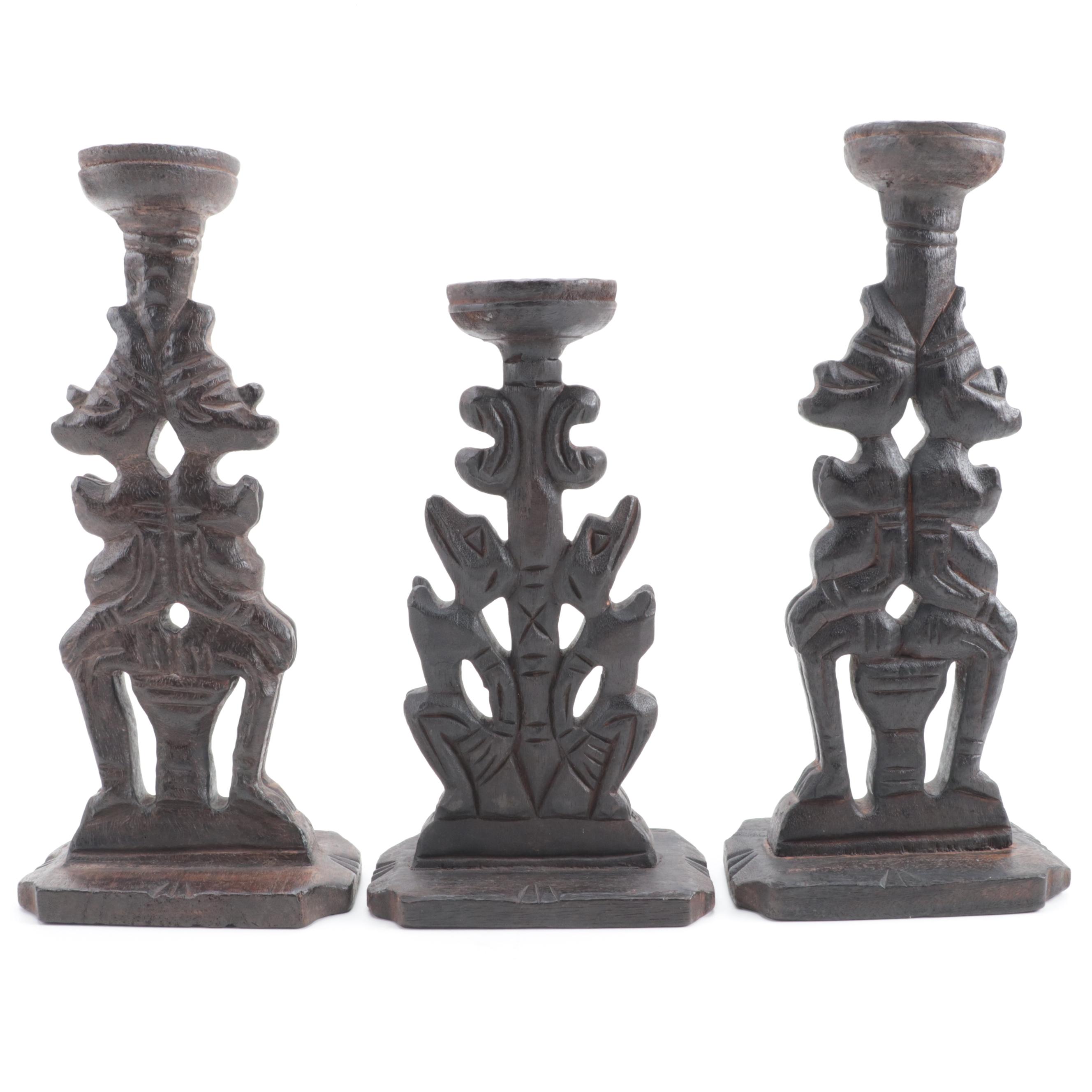 Three African Hand-Carved Candle Holders