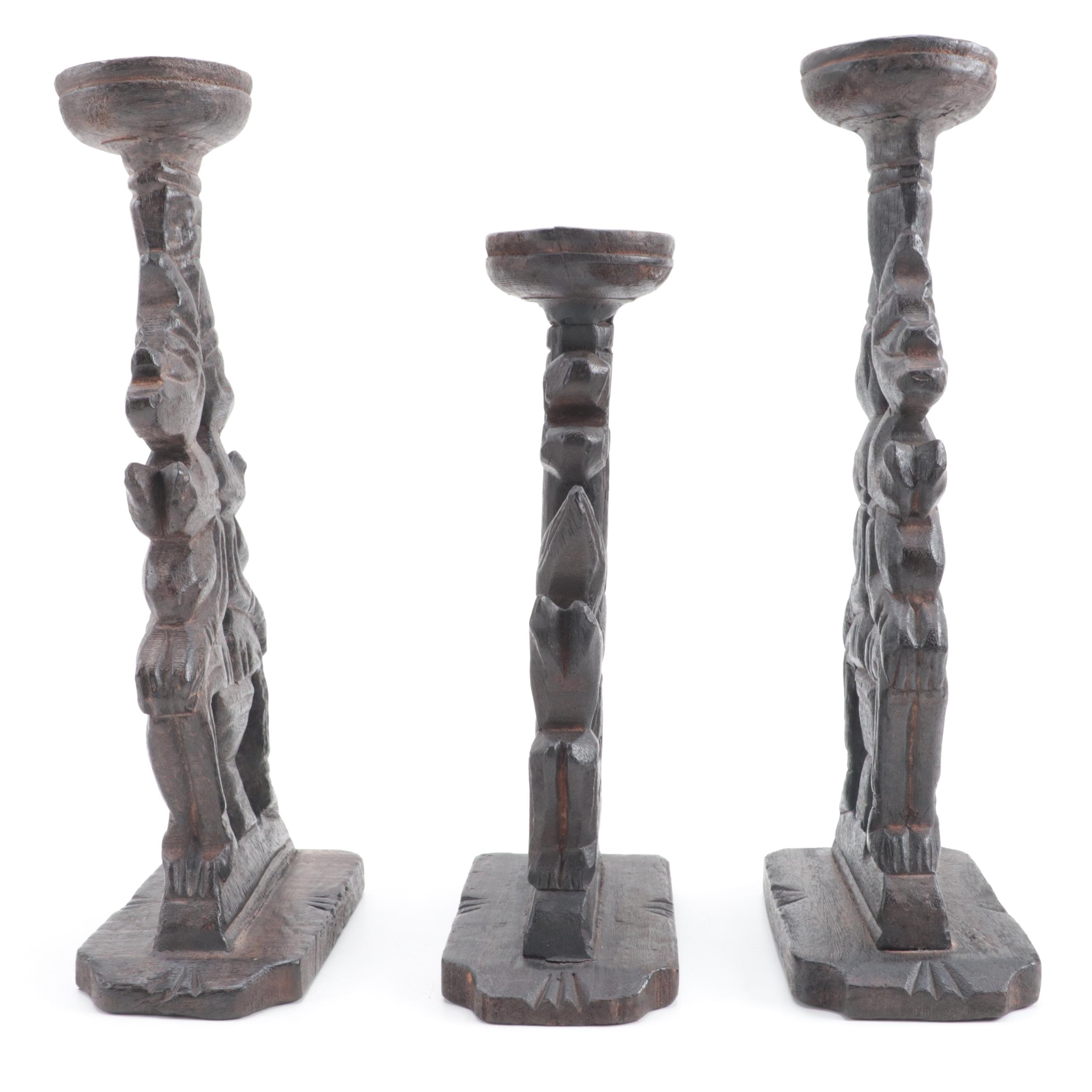 Three African Hand-Carved Candle Holders