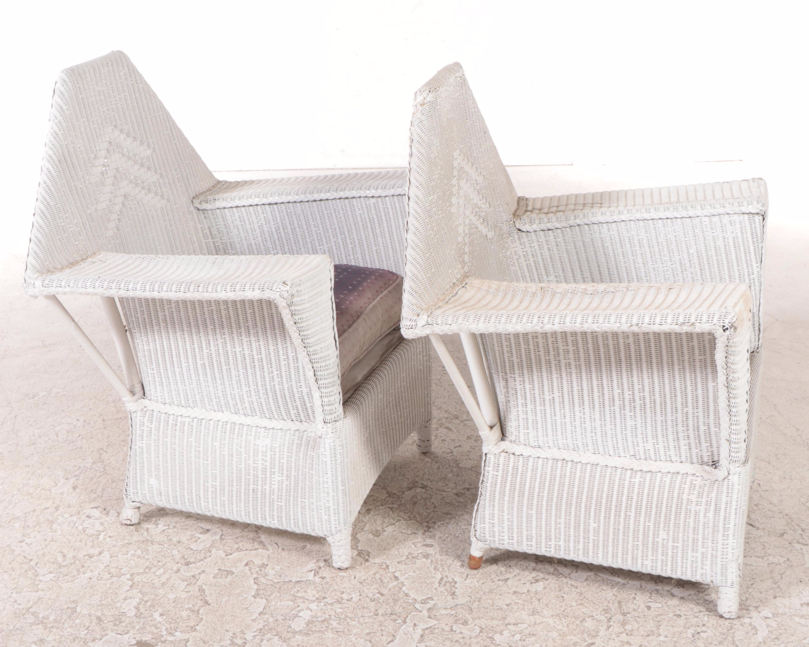 Pair of White-washed Rattan Wicker Patio Lounge Chairs With Side Table